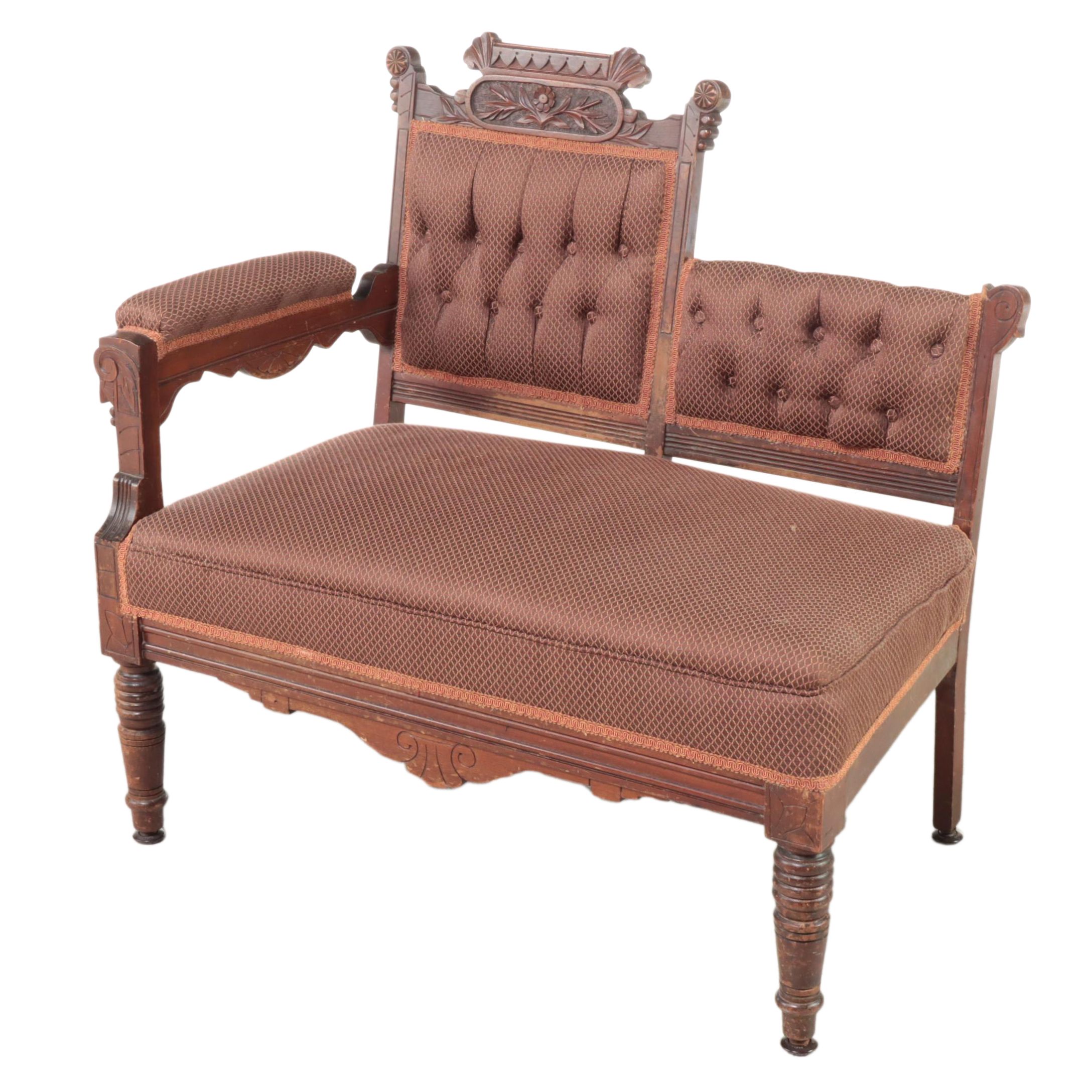 Victorian Eastlake Style Carved Walnut Bustle Bench, Late 19th Century