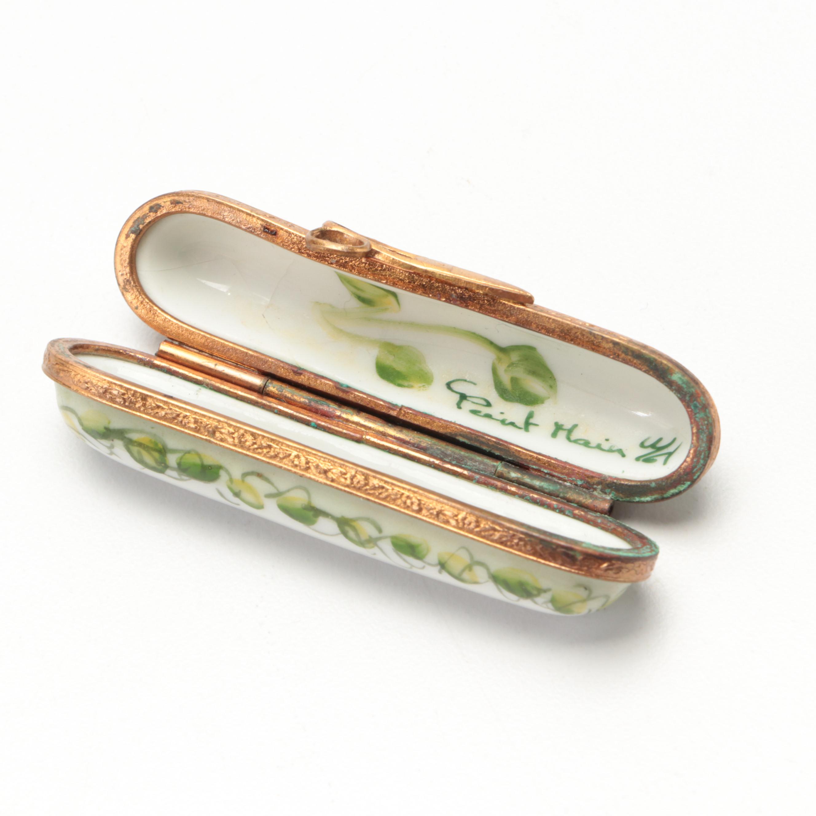 HandPainted Porcelain Limoges Needle Box and Handbag Shaped Limoges