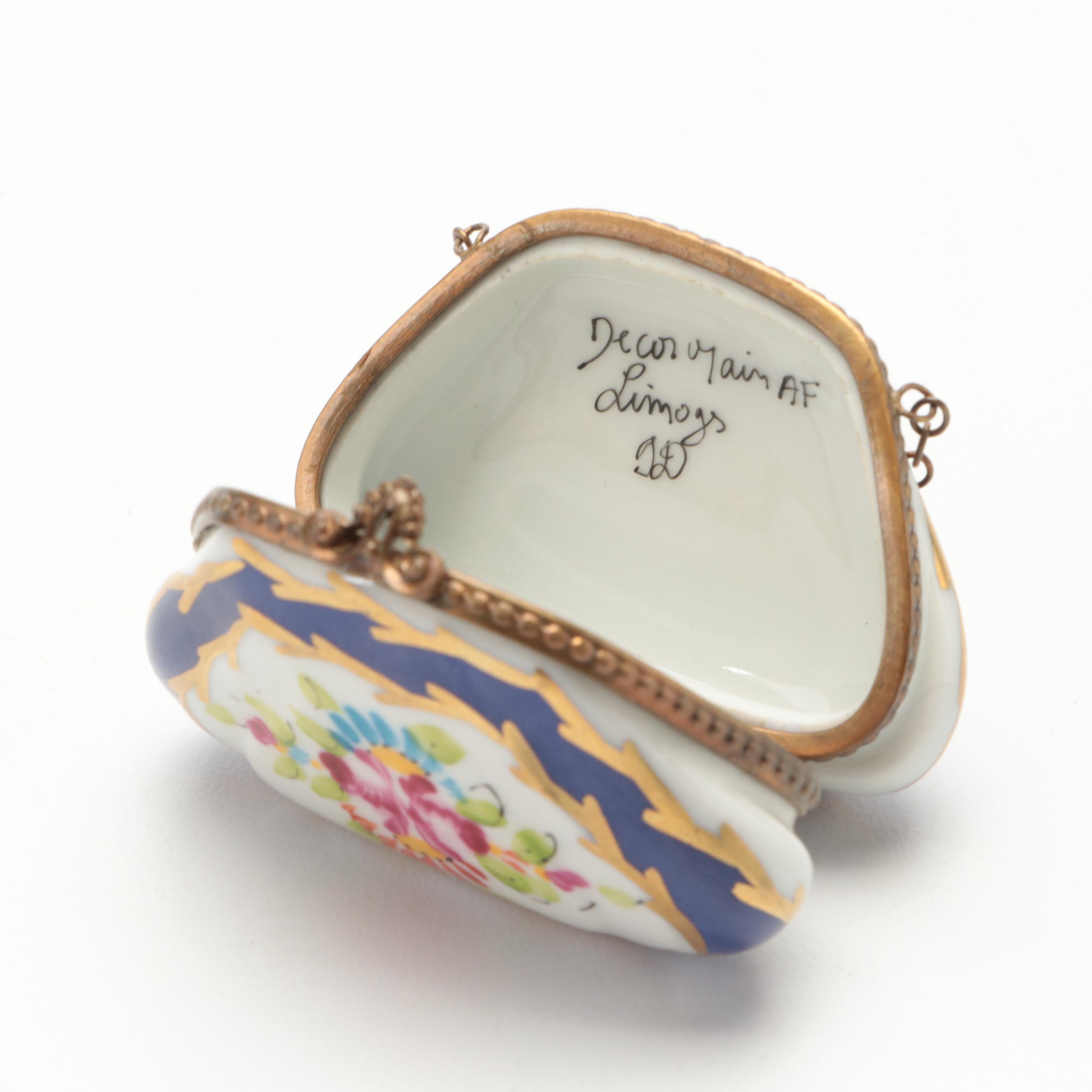 HandPainted Porcelain Limoges Needle Box and Handbag Shaped Limoges