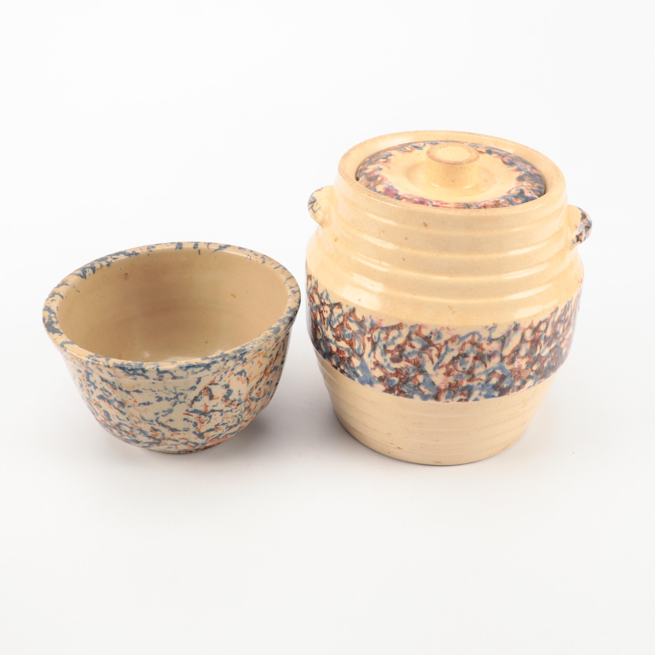 Brown and Blue Spongeware Stoneware Cookie Jar and Mixing Bowls EBTH