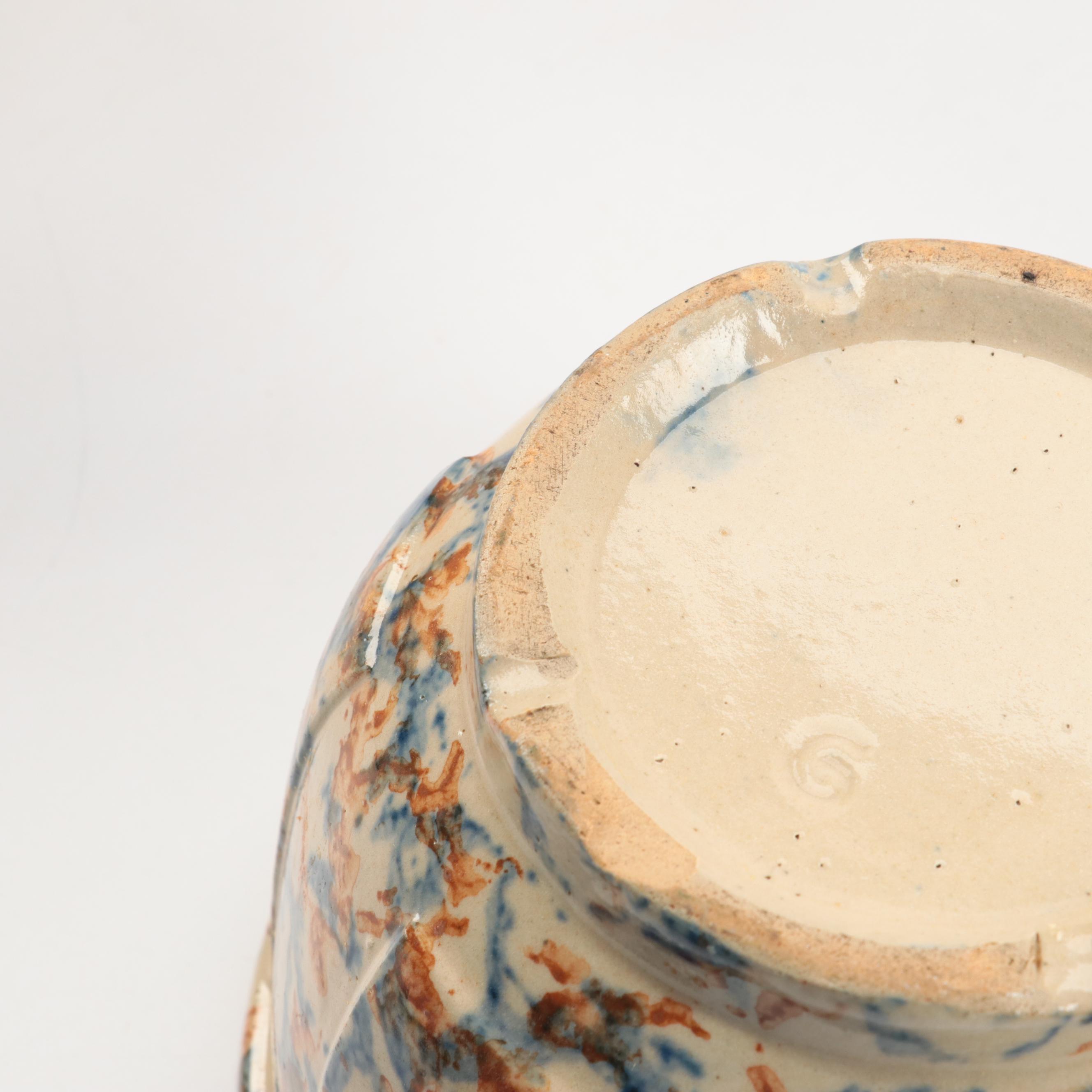 Brown and Blue Spongeware Stoneware Cookie Jar and Mixing Bowls EBTH