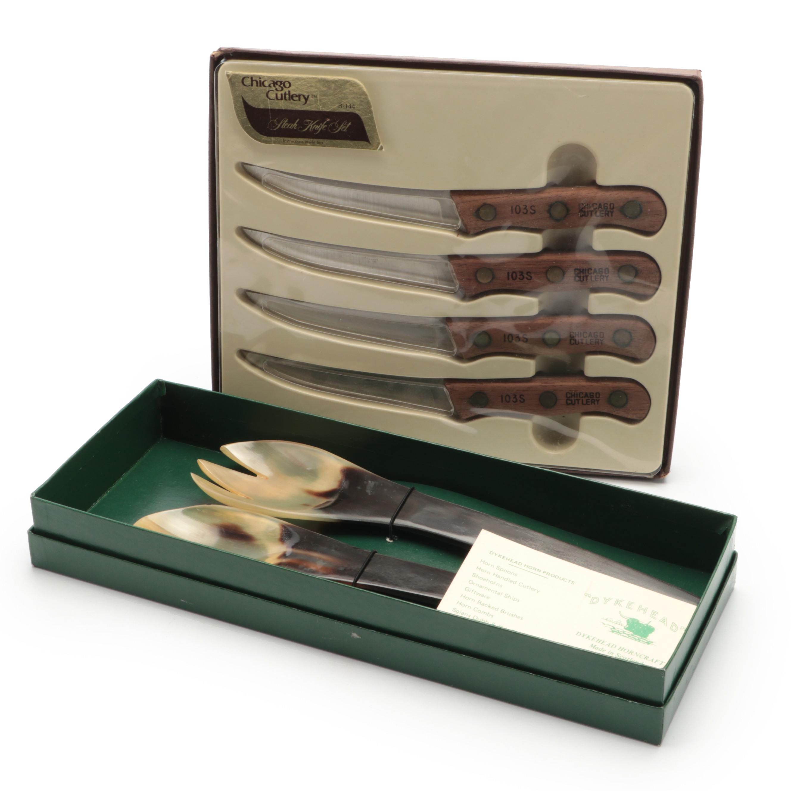 Dykehead Horncraft Salad Serving Set with Chicago Cutlery Steak Knives
