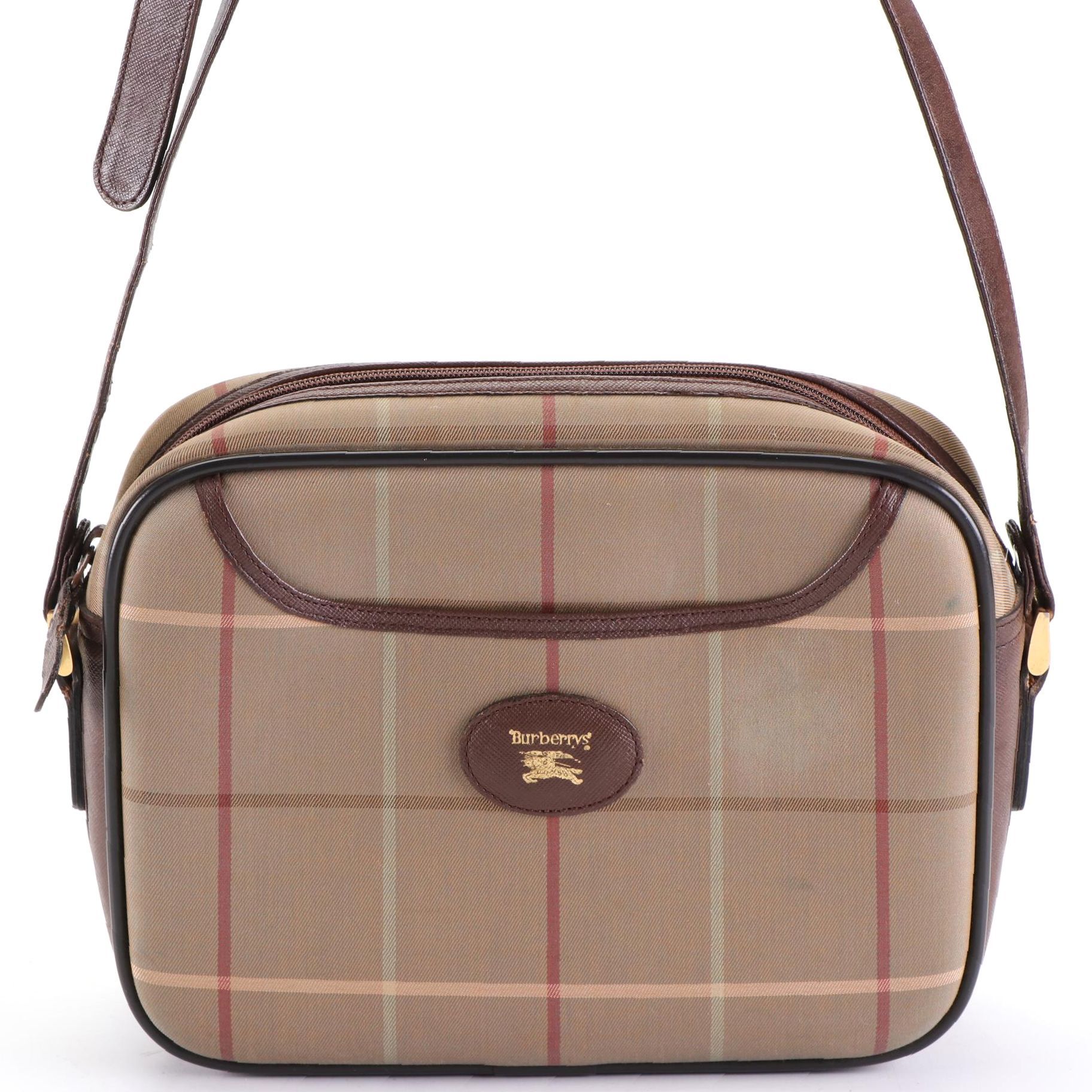 Burberrys Crossbody in Plaid Twill and Brown Leather EBTH