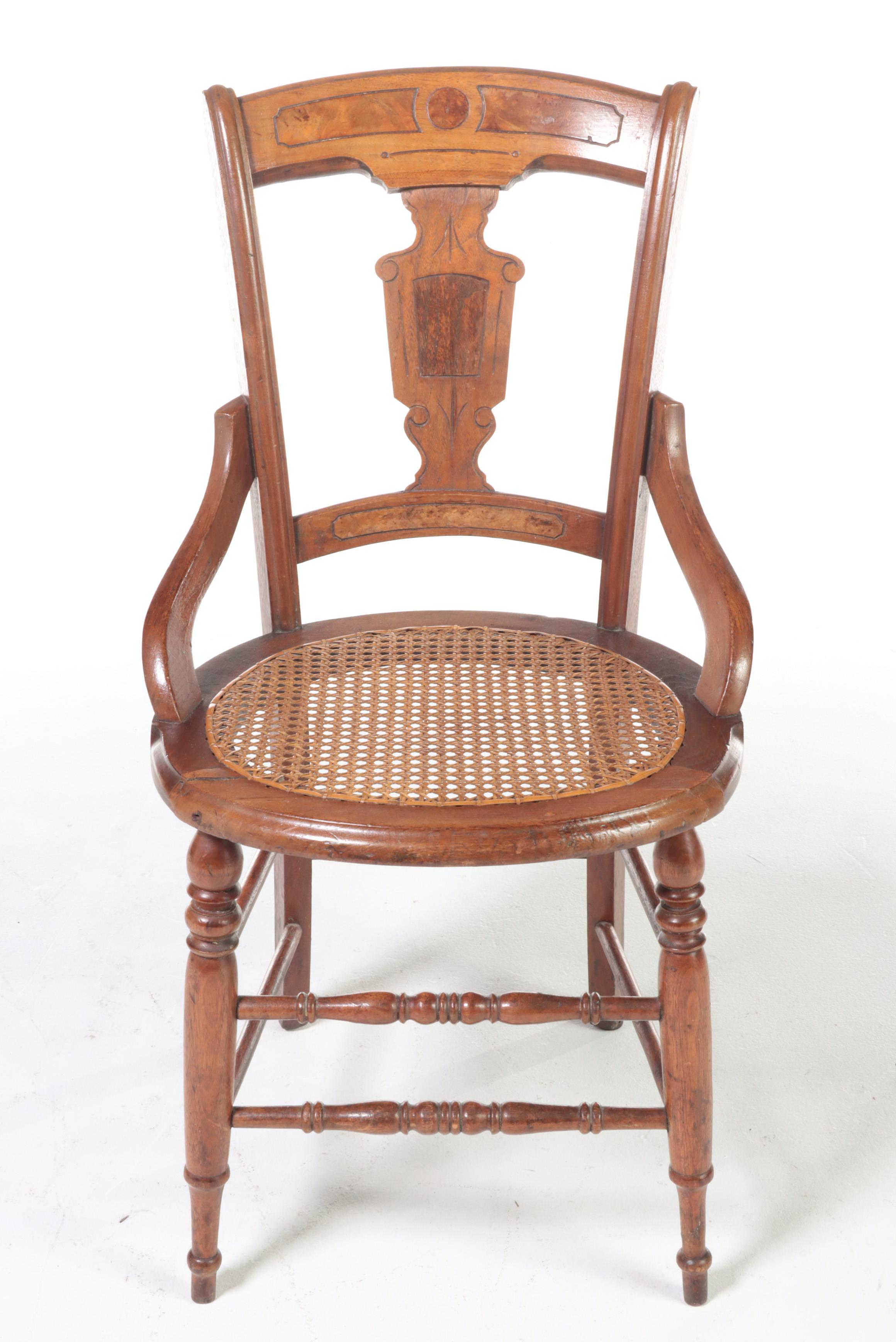 Victorian Eastlake Style Walnut and Burl Cane Bottom Chair, Late 19th