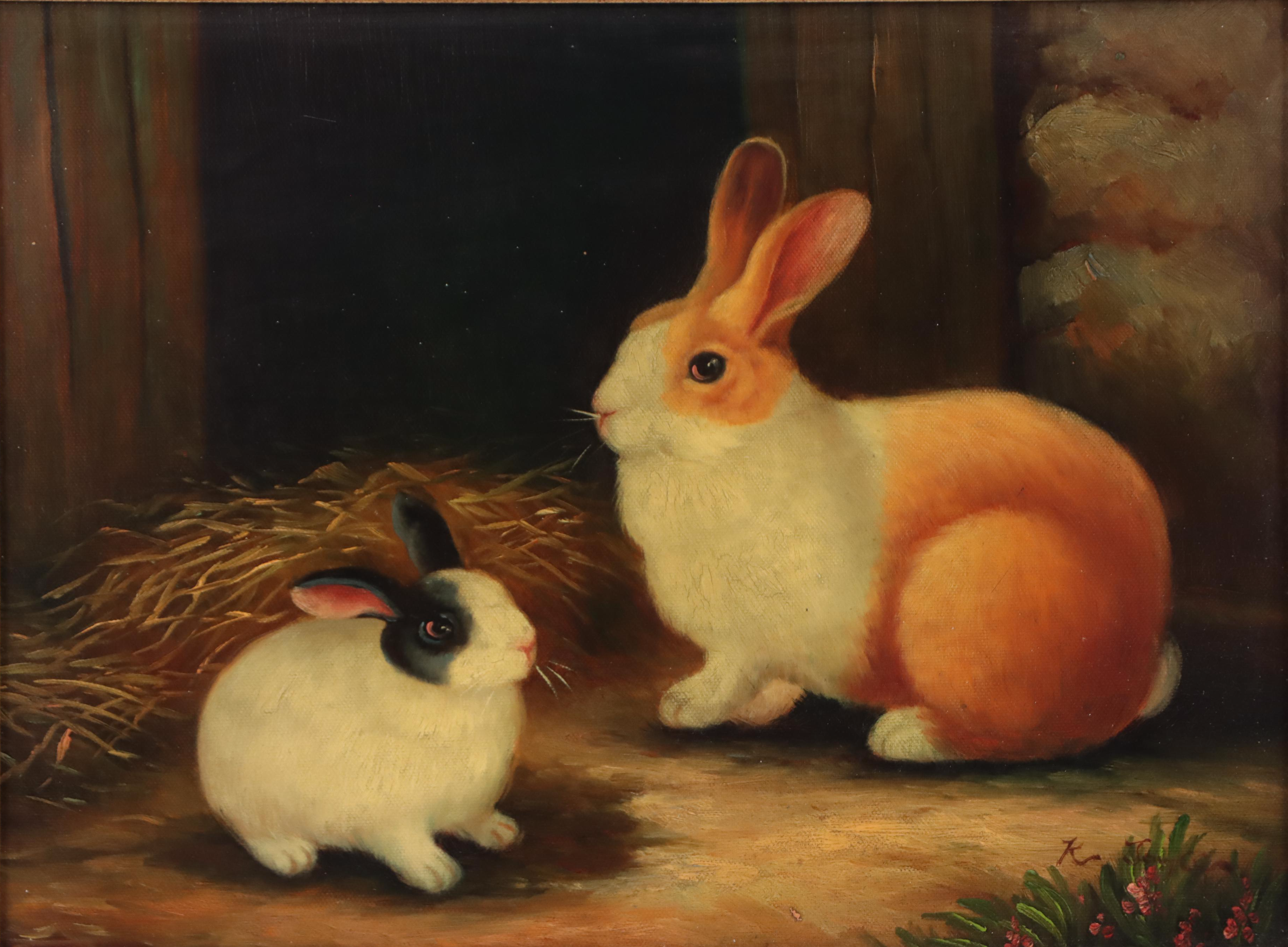 Oil Painting of Two Rabbits in Barn | EBTH