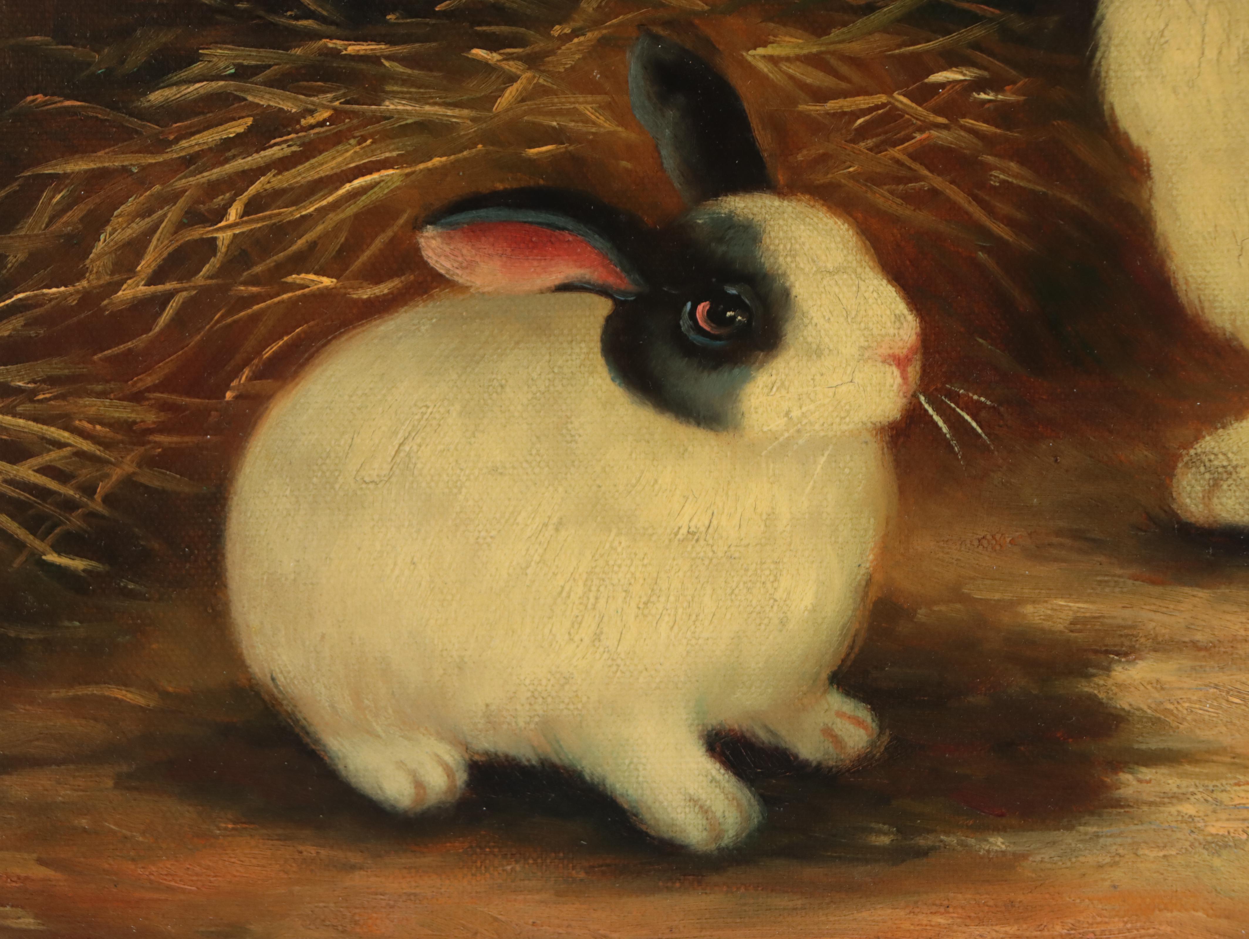 Oil Painting of Two Rabbits in Barn | EBTH