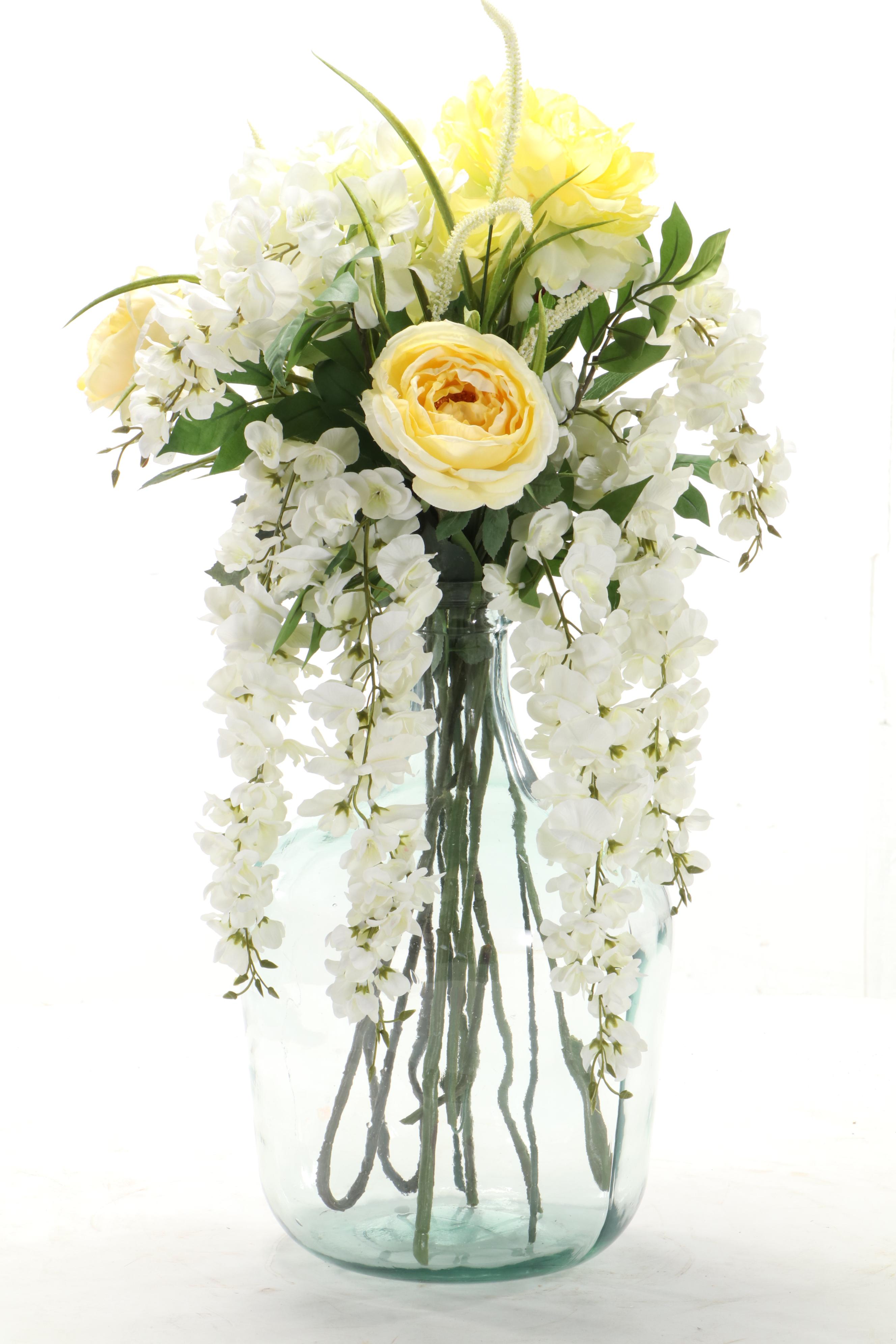 Artificial Hydrangeas and Other Flowers With Galvanized Tub and Glass