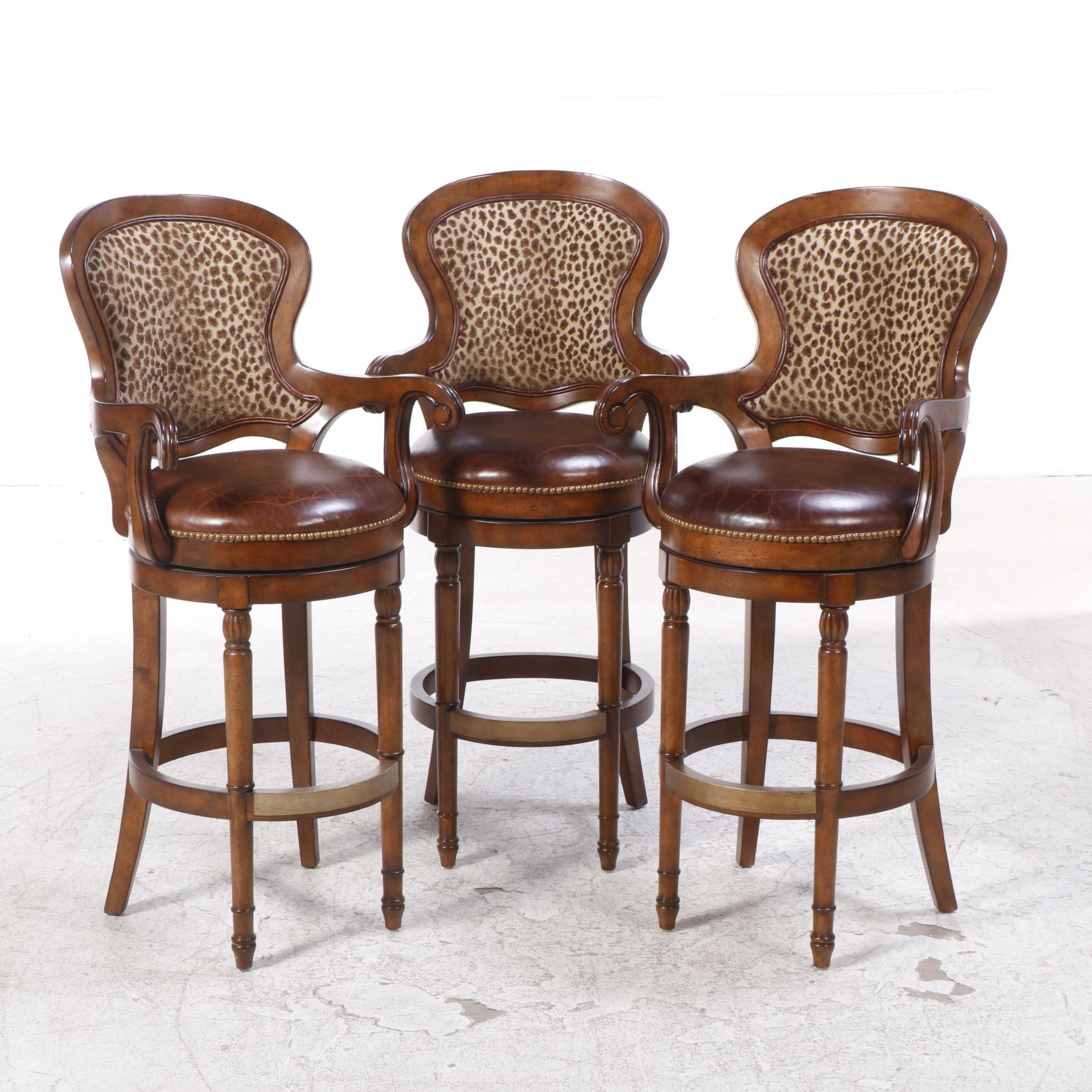 Three Drexel Heritage "Epicurean" Leather and LeopardPrint Swivel Bar