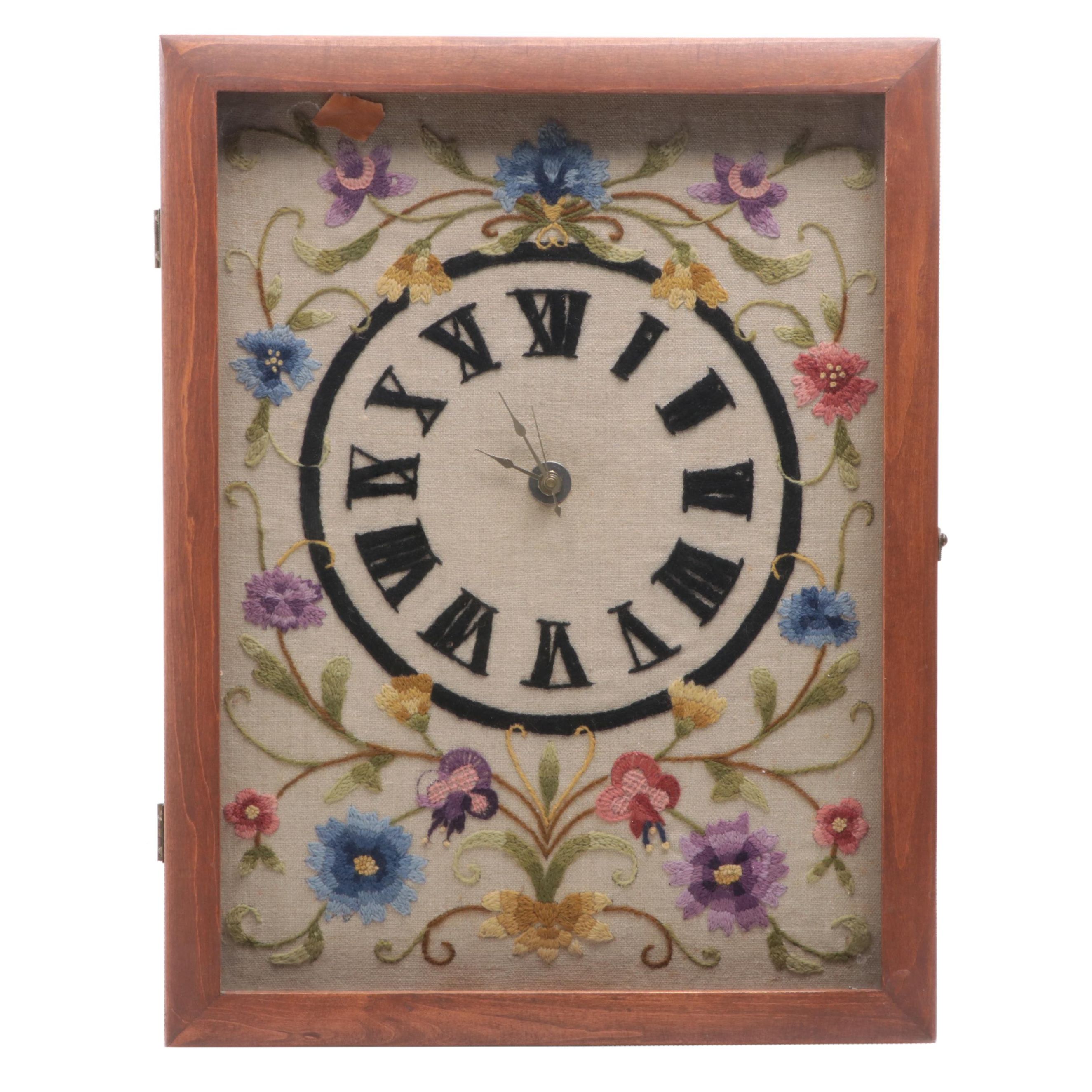 Handmade Embroidered Floral Motif Wood Case Wall Clock EBTH
