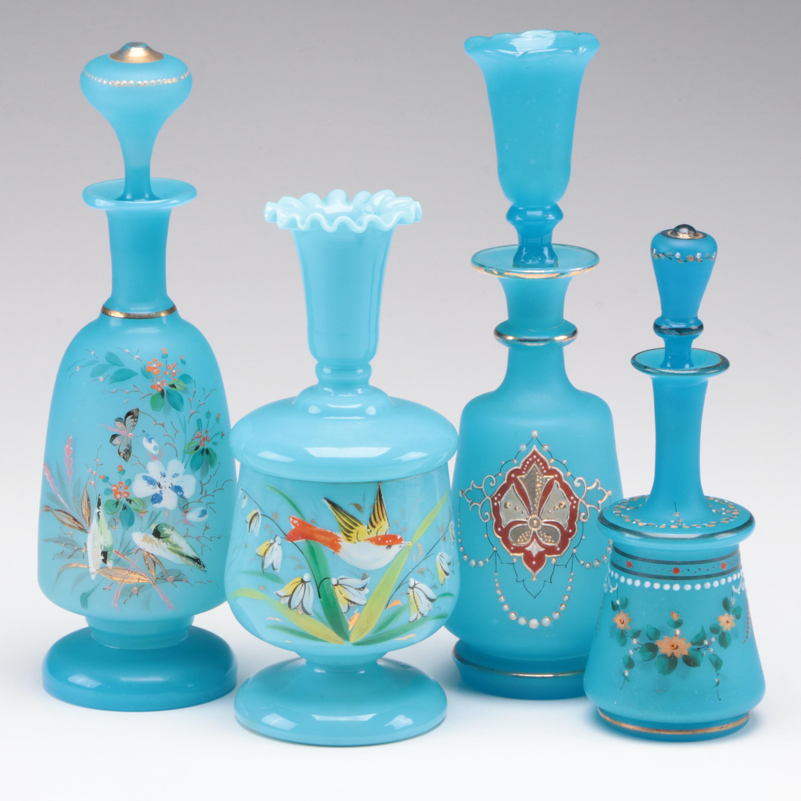 Victorian Bristol Glass with French Blue Opaline Glass Vanity Bottles