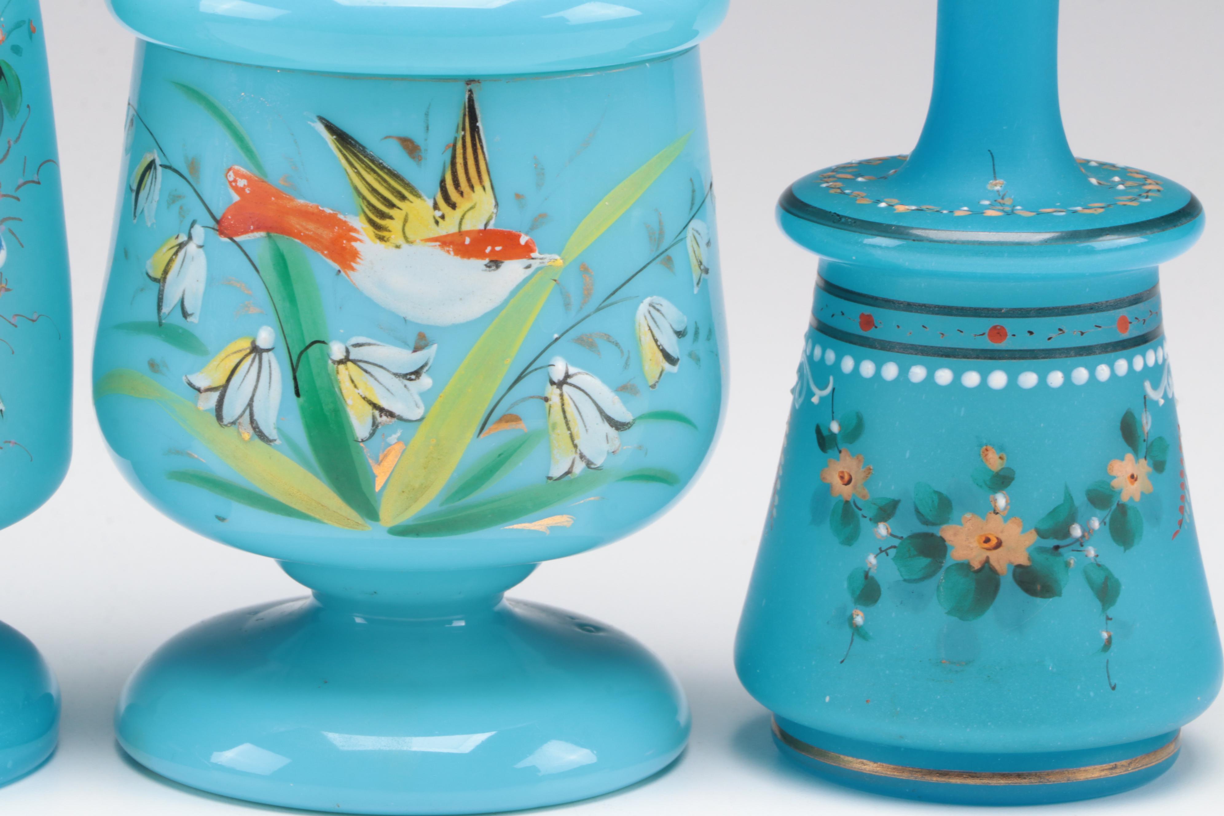 Victorian Bristol Glass with French Blue Opaline Glass Vanity Bottles