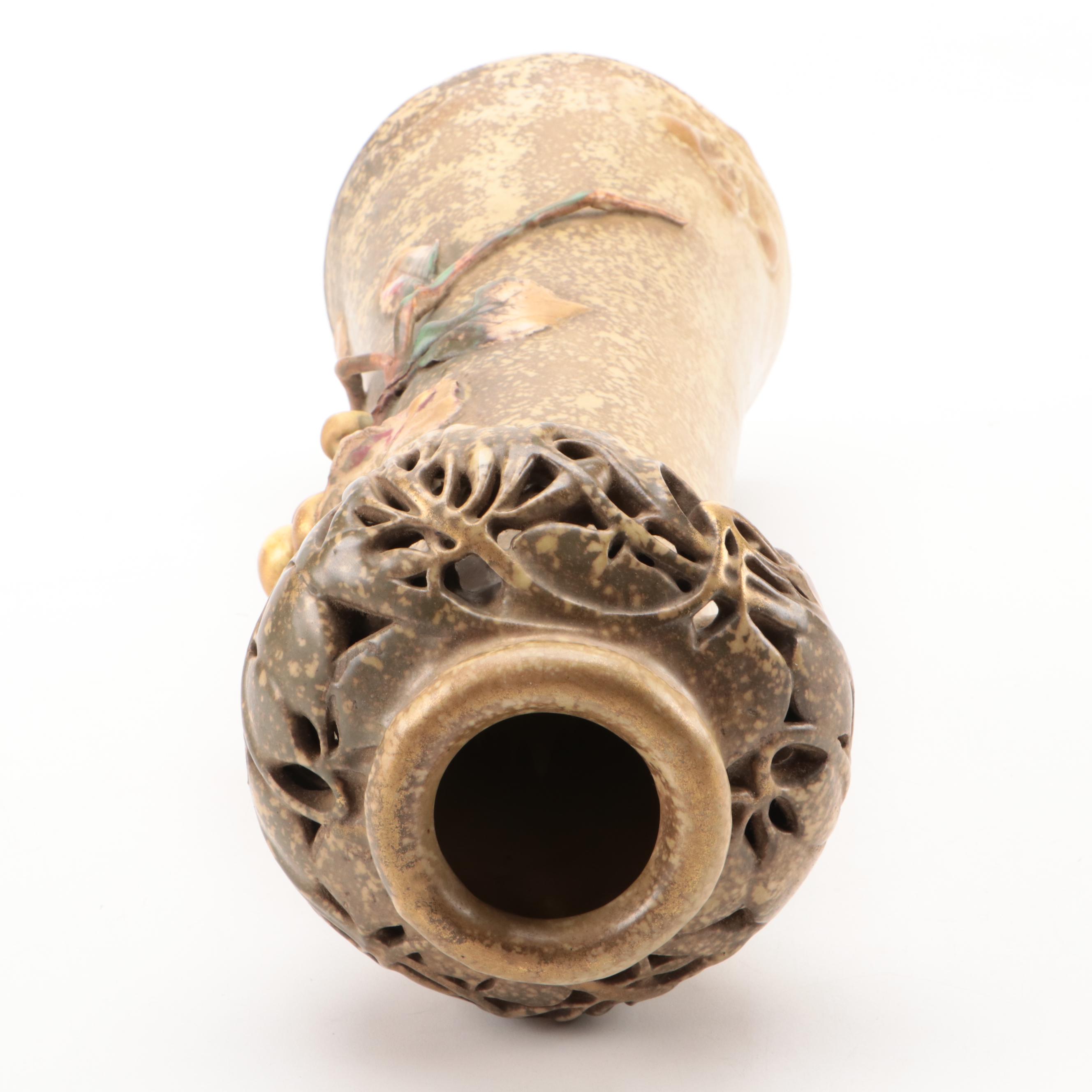 Amphora Austrian Jugendstil Earthenware Vase with Cherries, Early 20th