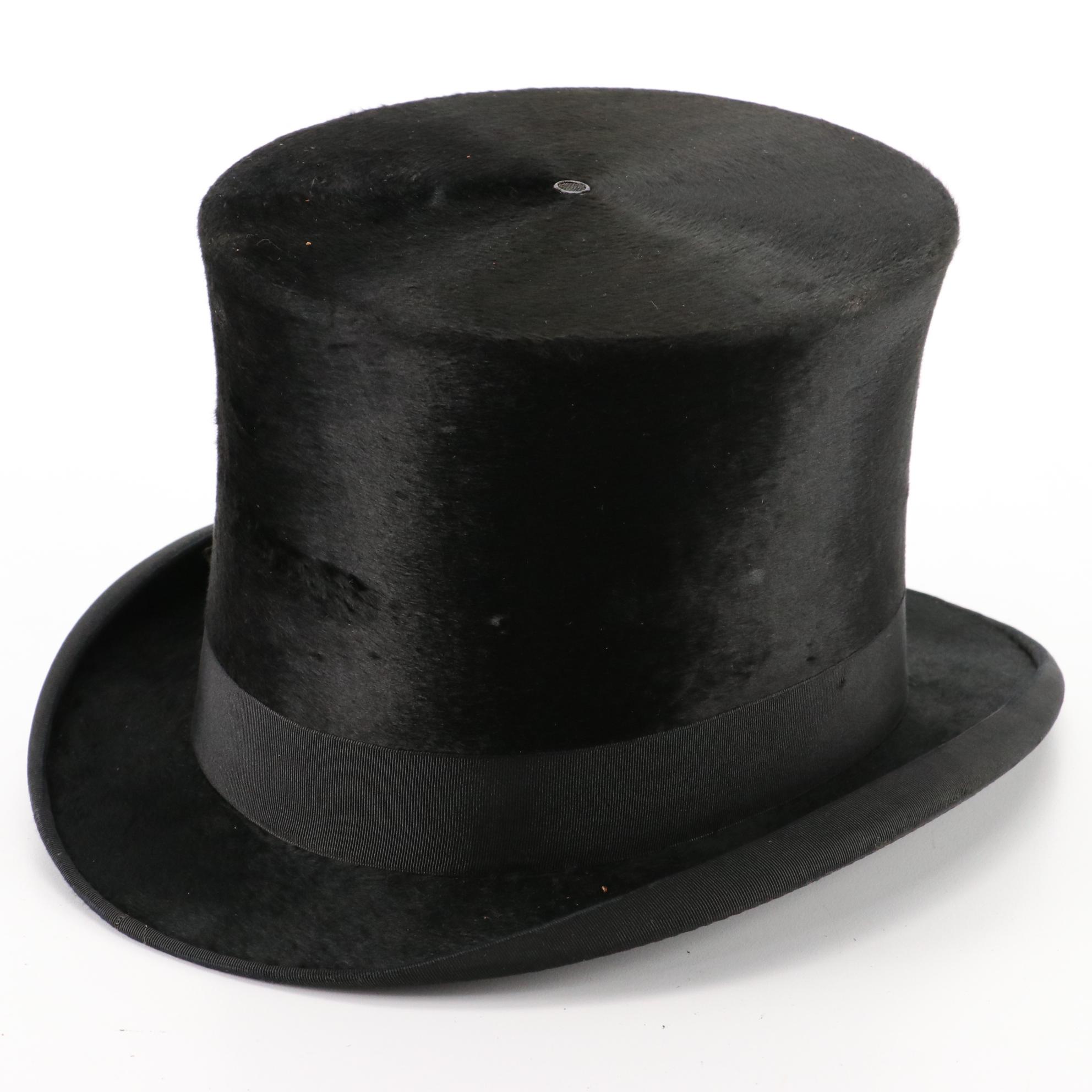 Young Bros. Beaver Fur Top Hat with Silk Band and Leather Hat Box, Late
