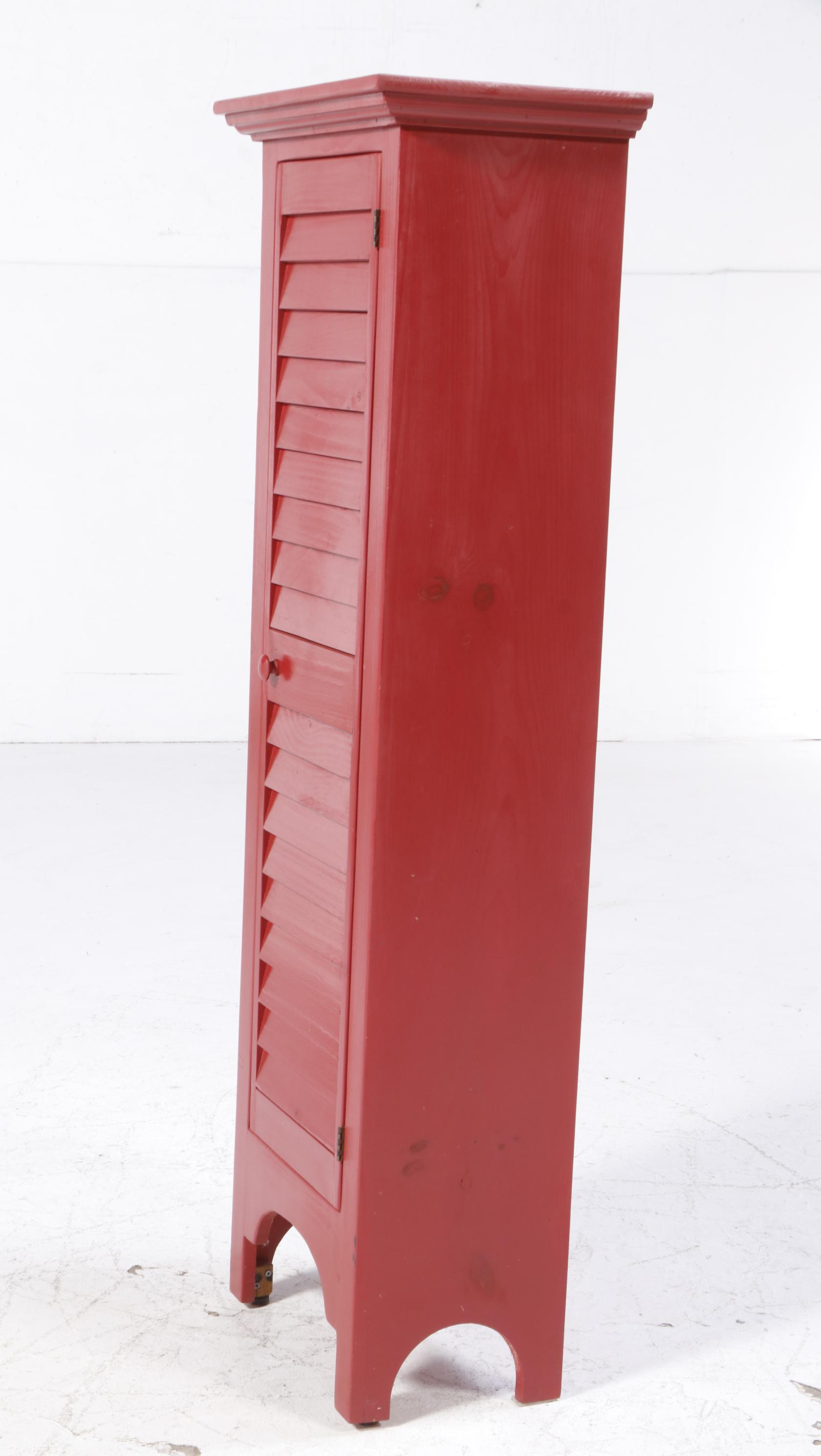American Primitive Style Red-Painted Pine Louvered-Door Cabinet | EBTH