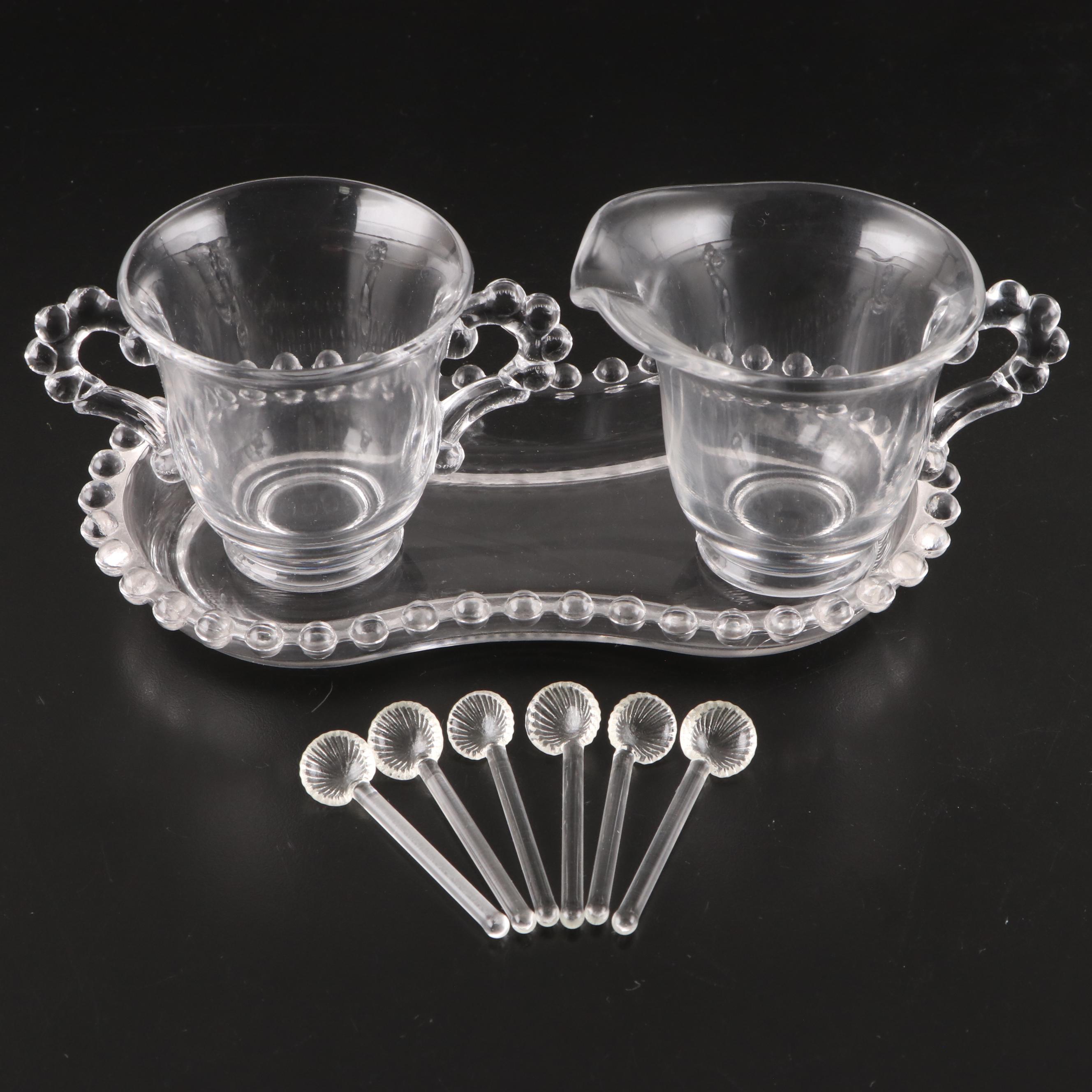 Glass Tray, Centerpiece, Cups, Pitcher, Sugar Dish and Sugar Spoons EBTH