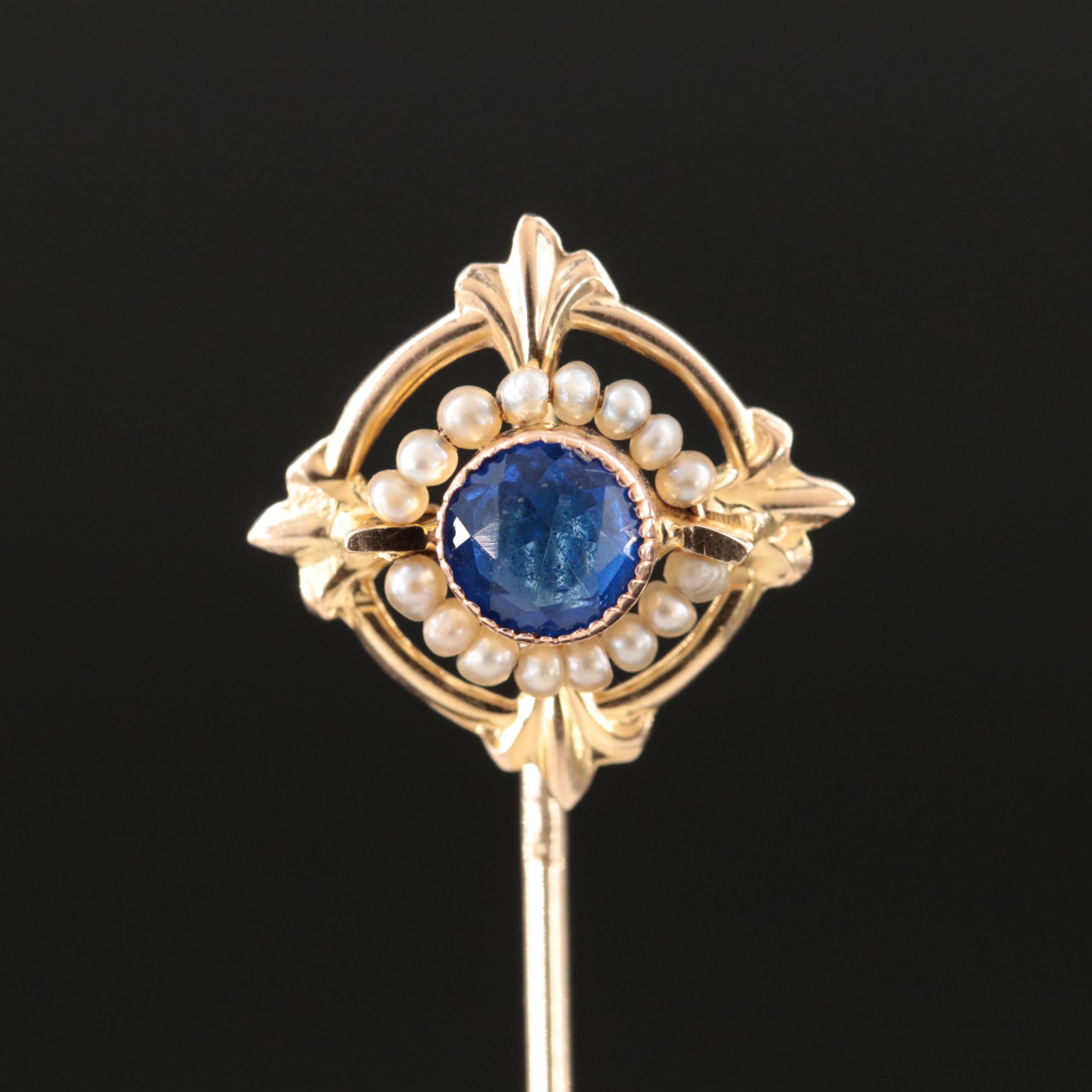 Antique 10K Seed Pearl and Glass Stick Pin