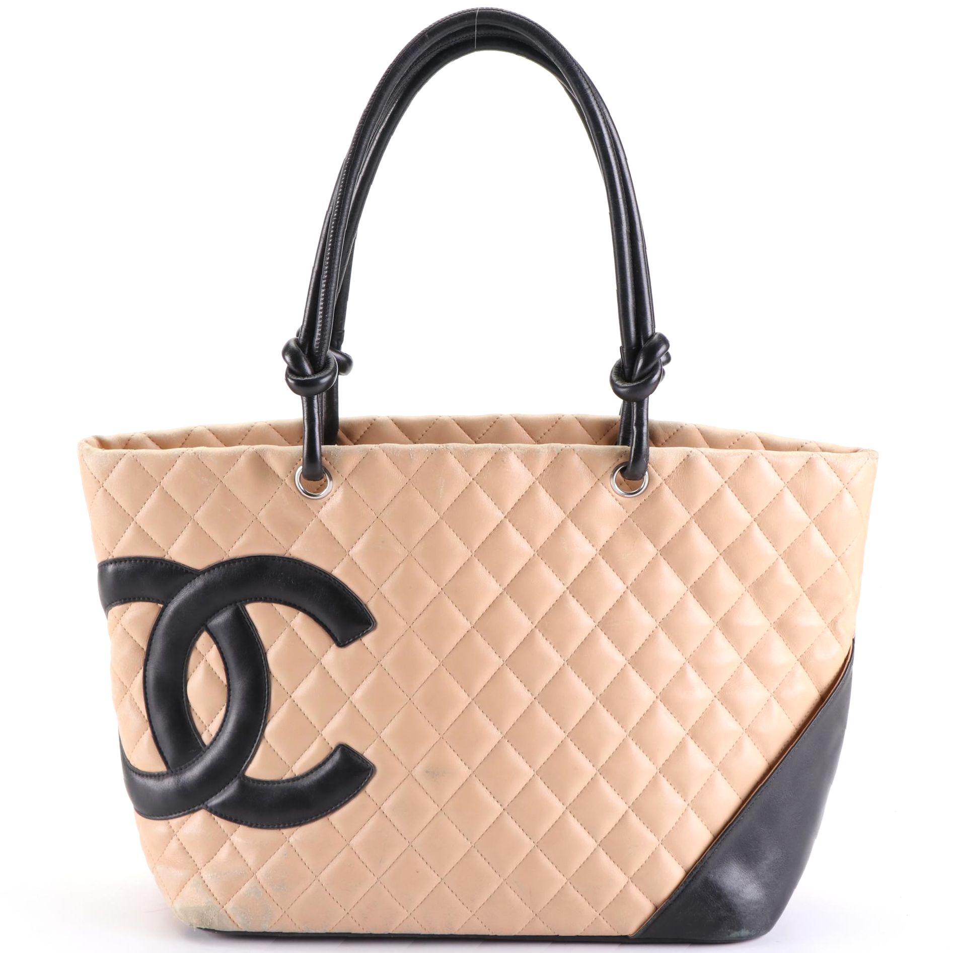Chanel Cambon Ligne Tote Bag in Beige Quilted and Smooth Black Lambskin Leather