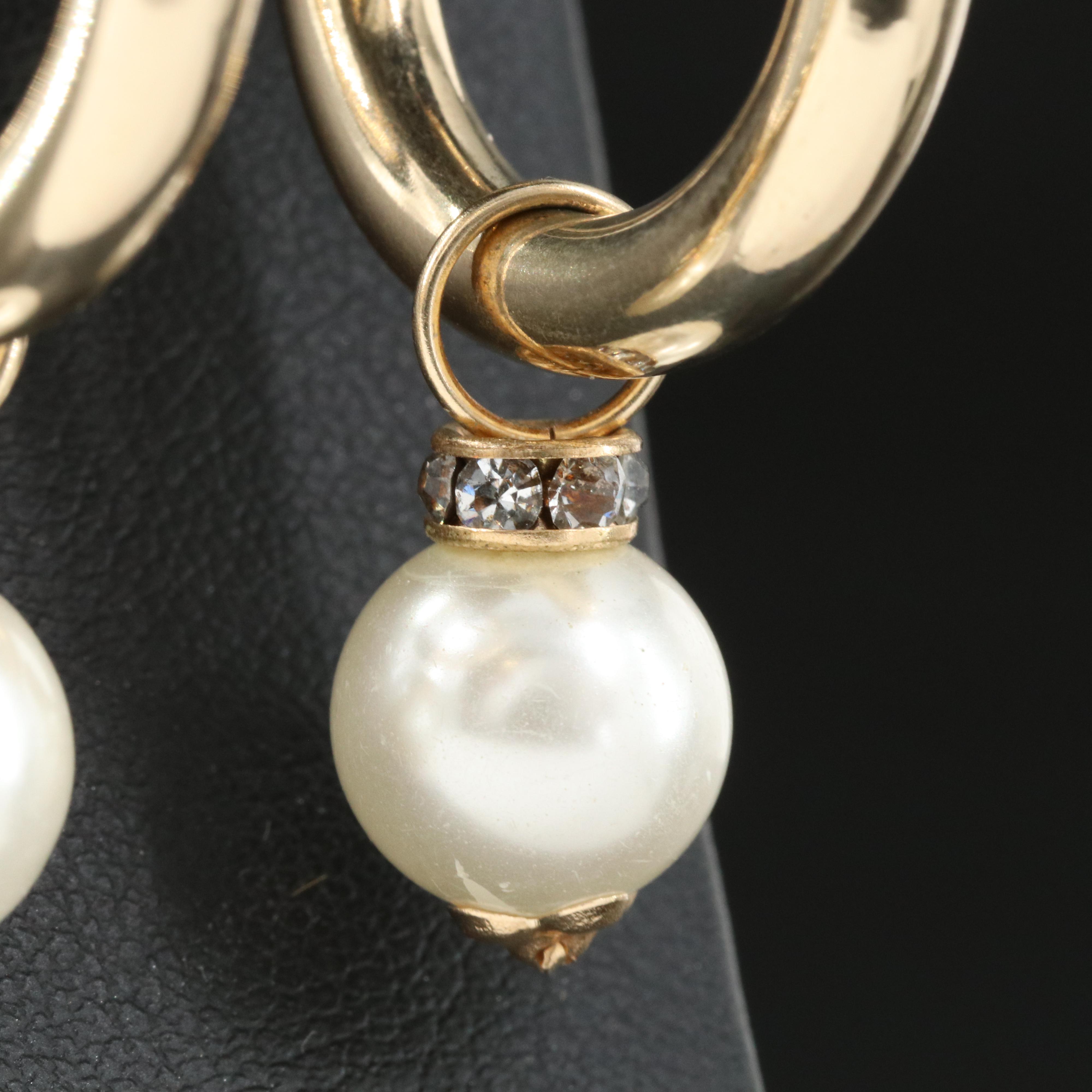 14K Hoop Earrings with Removable Faux Pearl and Rhinestone Enhancers EBTH
