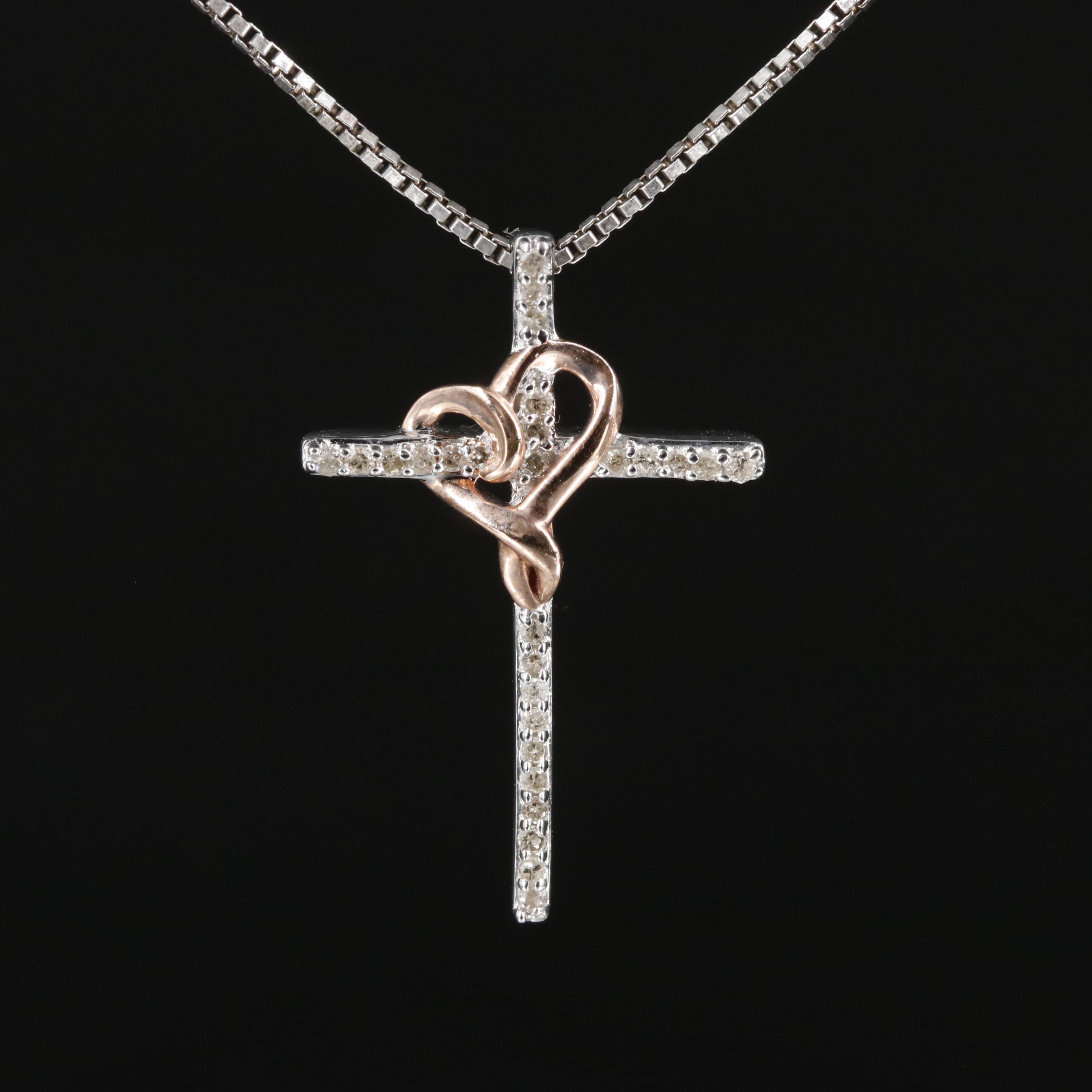 Sterling Diamond Cross and Heart Pendant Necklace EBTH