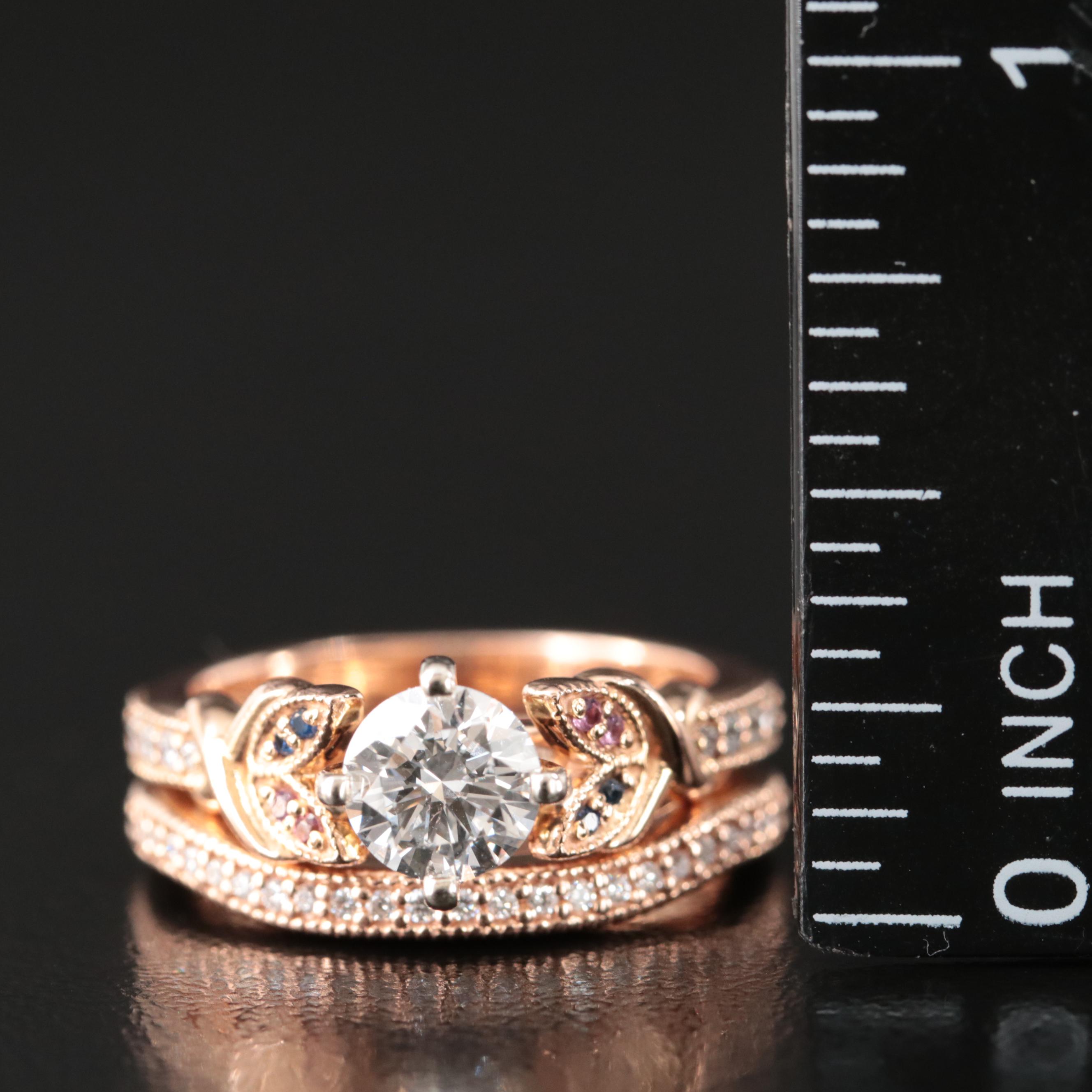 14K Rose Gold Lab Grown Diamond and Sapphire Ring Set with Online IGI