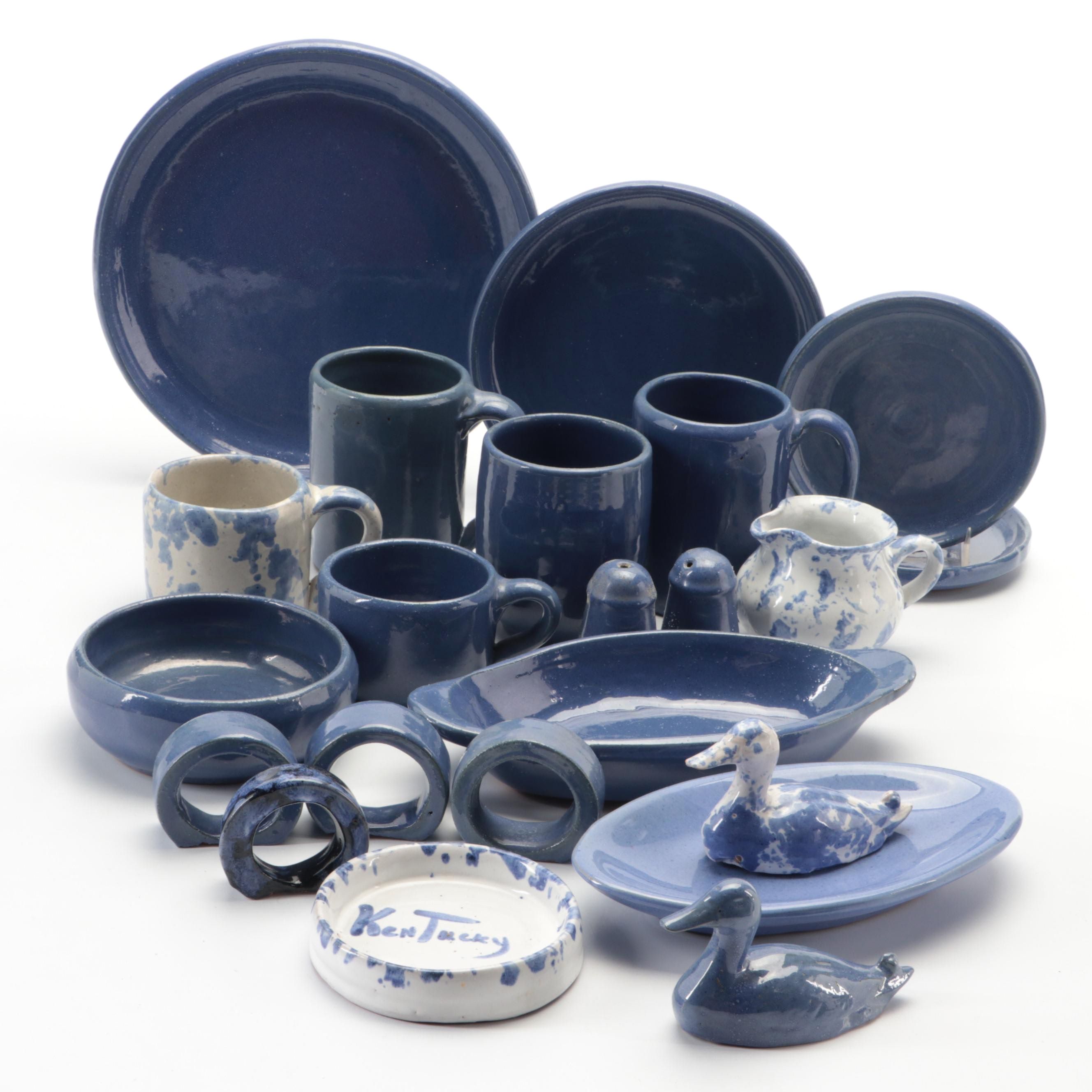 Bybee Pottery Blue and Sponged Stoneware Dinnerware and Serveware EBTH