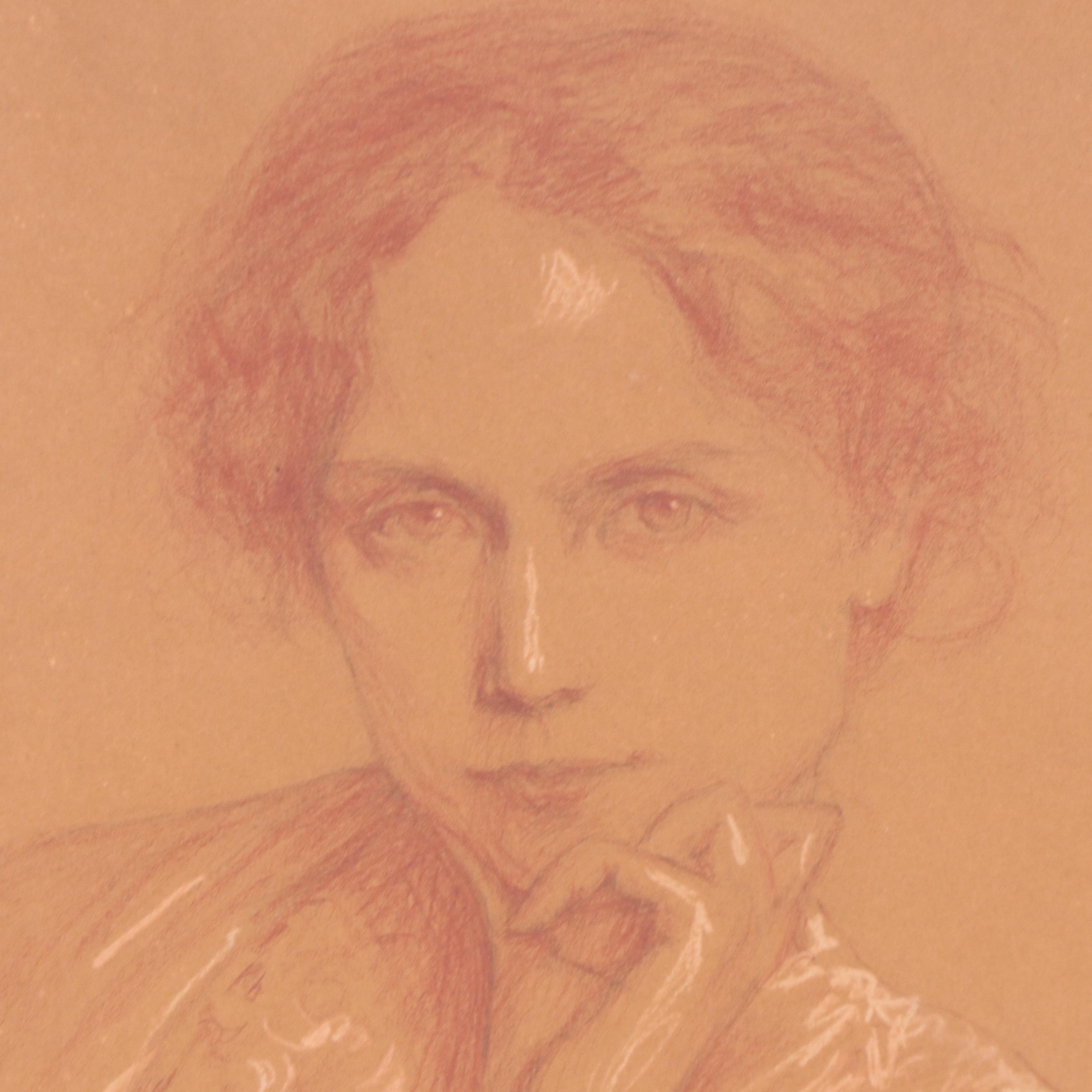 Virginia Wood Red Chalk Portrait Drawing of Young Woman, Early 20th