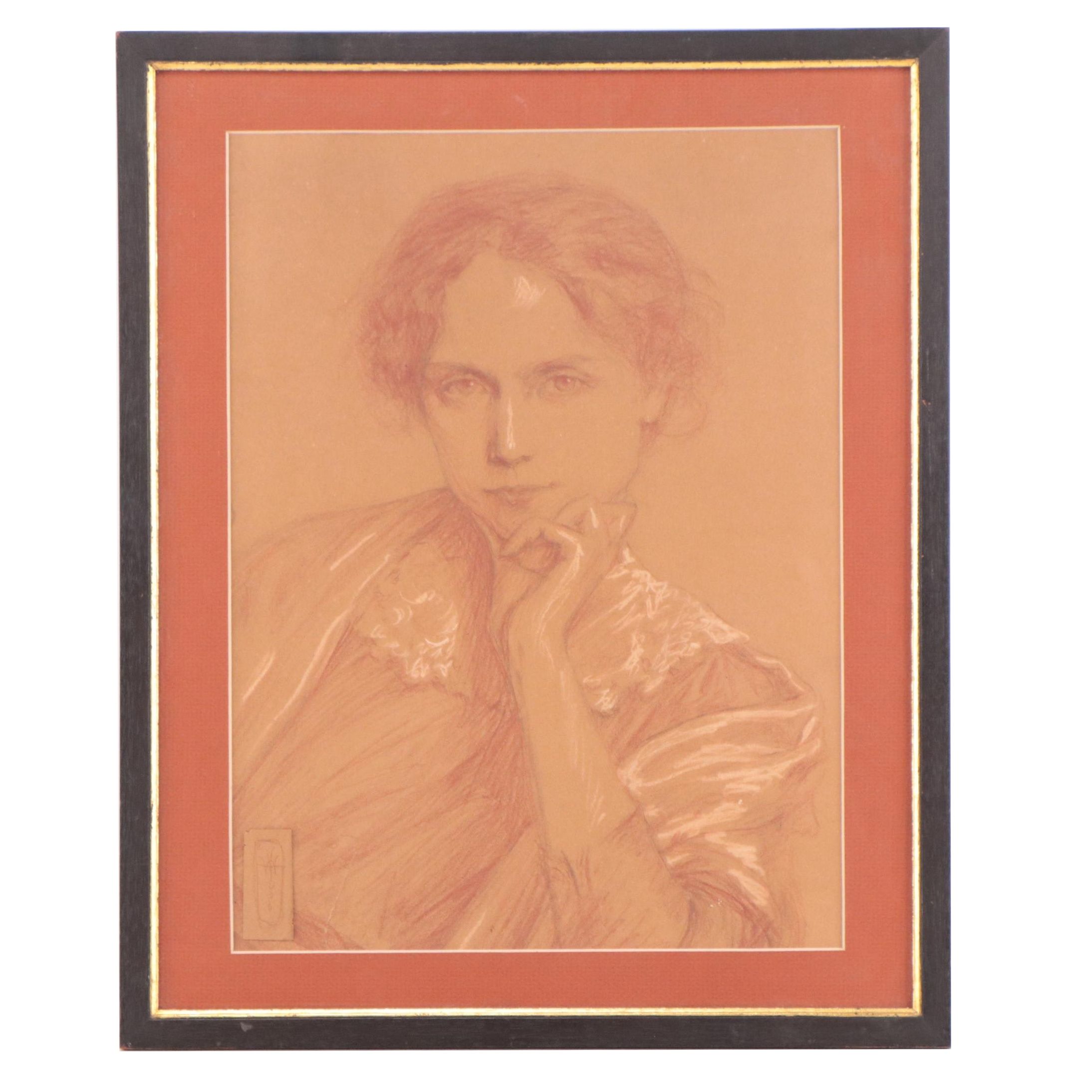 Virginia Wood Red Chalk Portrait Drawing of Young Woman, Early 20th