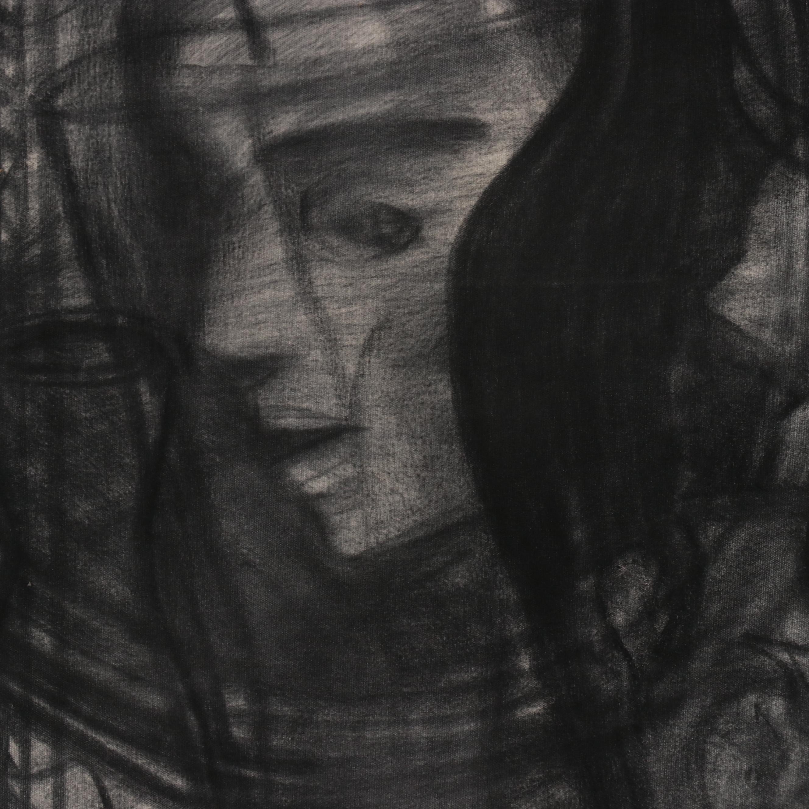 LargeScale Figurative Vine Charcoal Drawing on Canvas, Late 20th Century EBTH