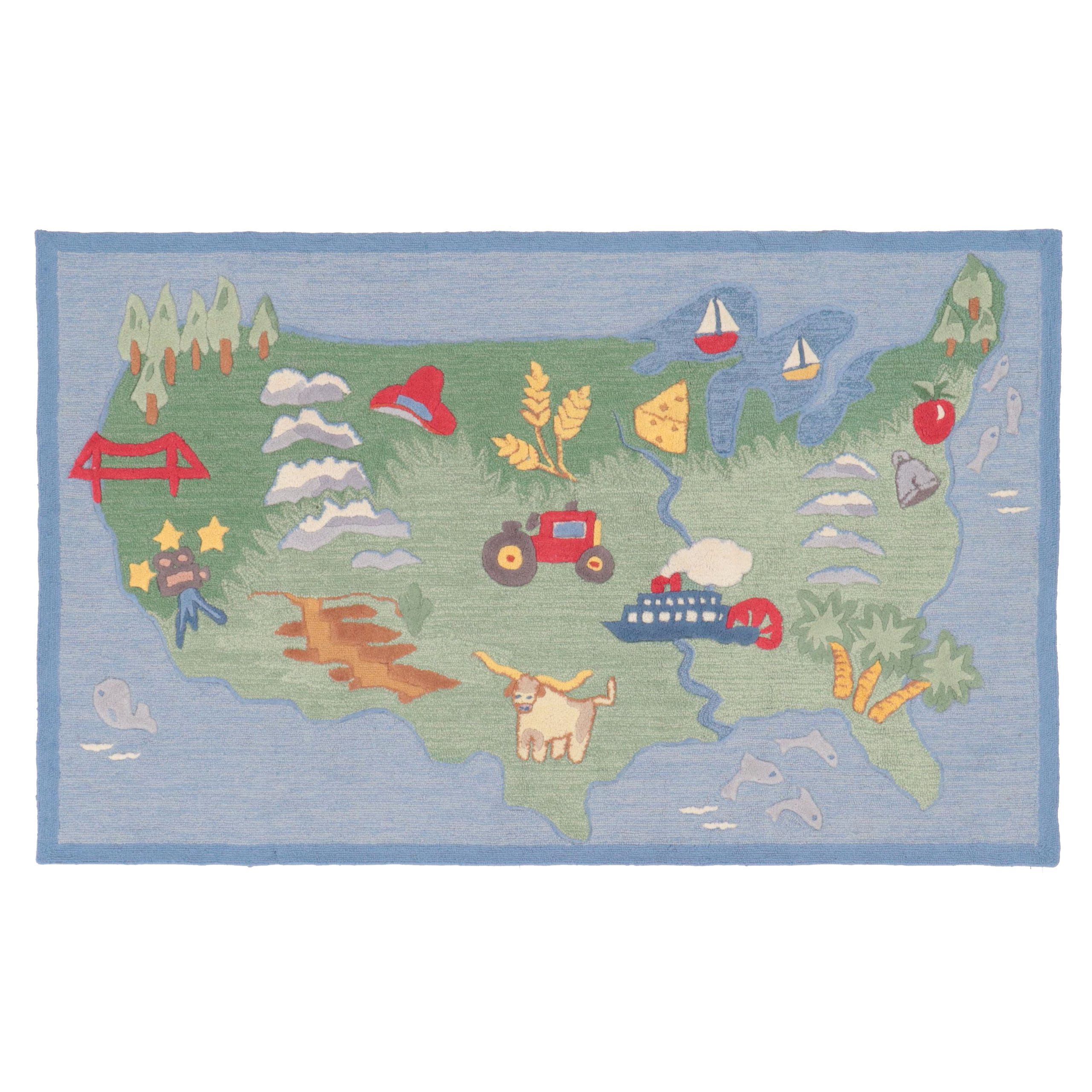 5' x 8' HandHooked Pottery Barn Kids USA Map Area Rug EBTH