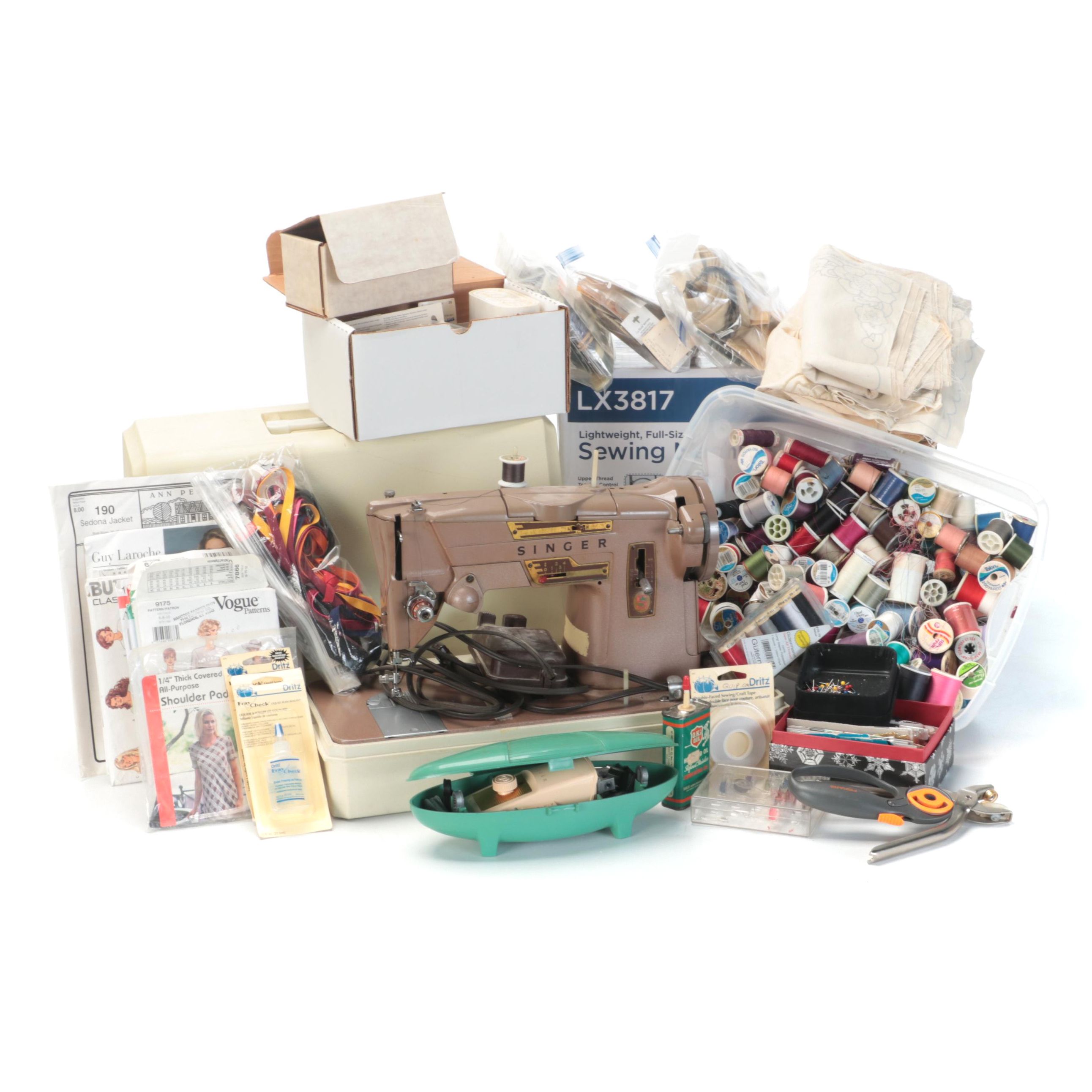 Singer and Brother Sewing Machines With Case, Supplies and Notions | EBTH