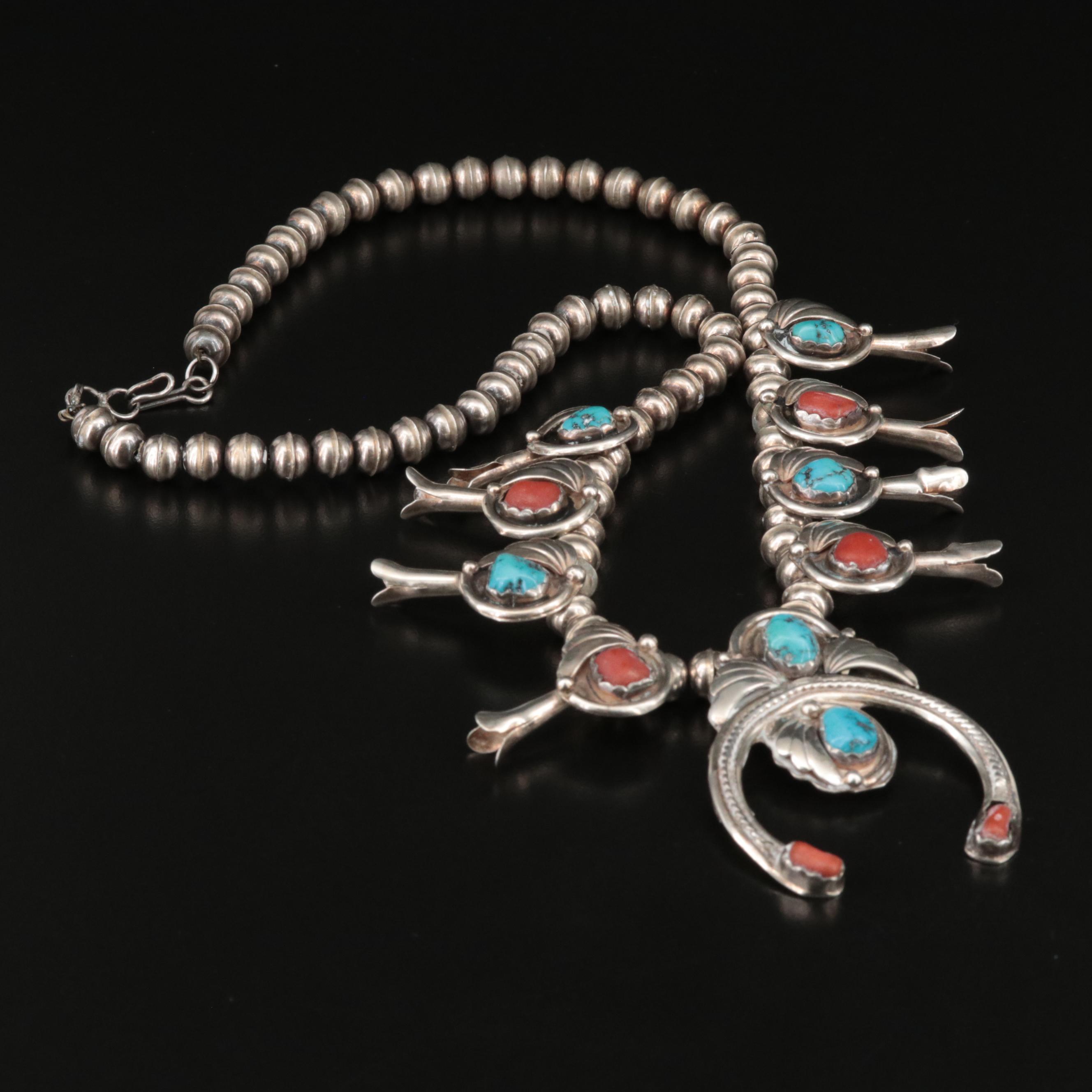 Southwestern Sterling Turquoise and Coral Squash Blossom Naja Necklace