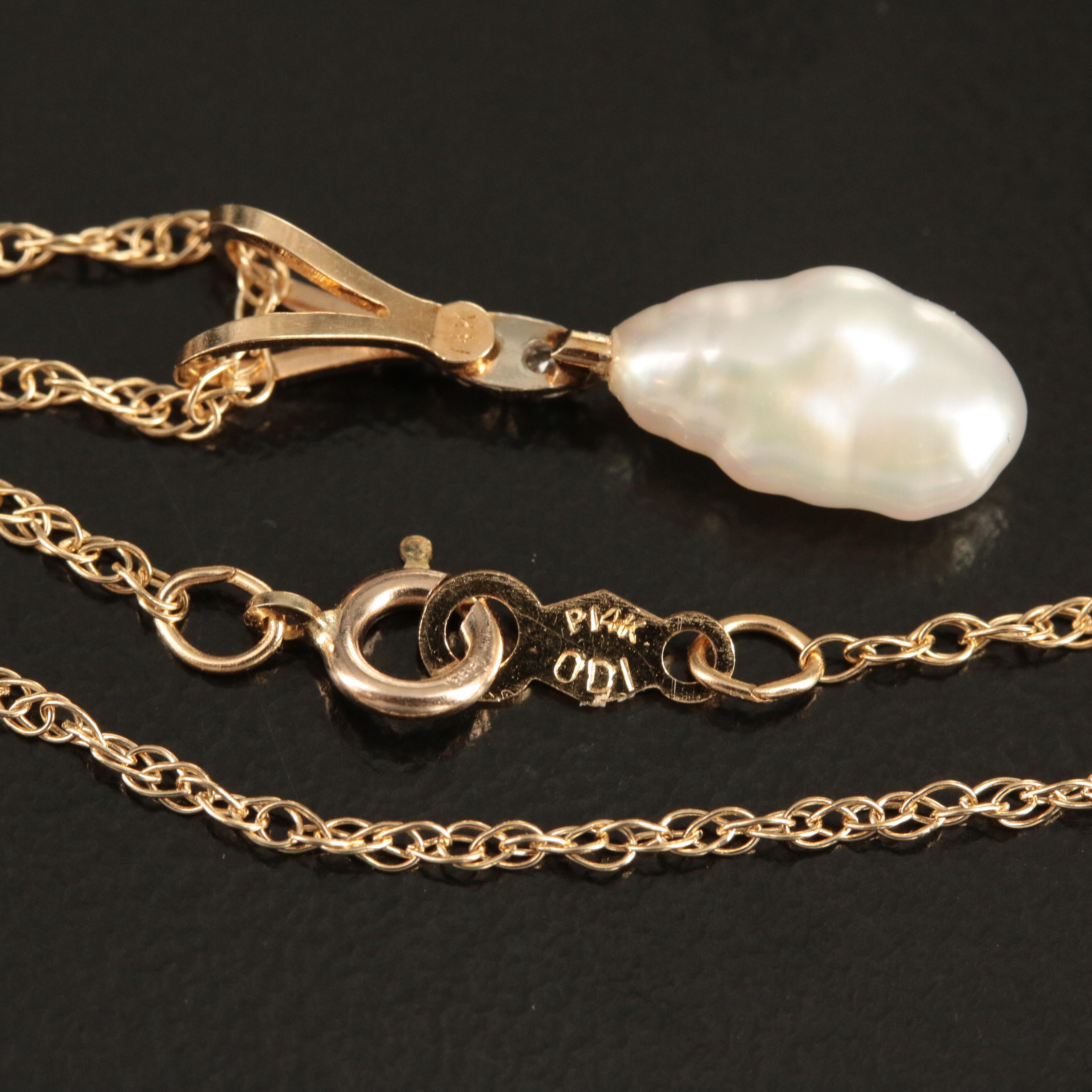 14K Baroque Pearl and Diamond Pendant Necklace EBTH