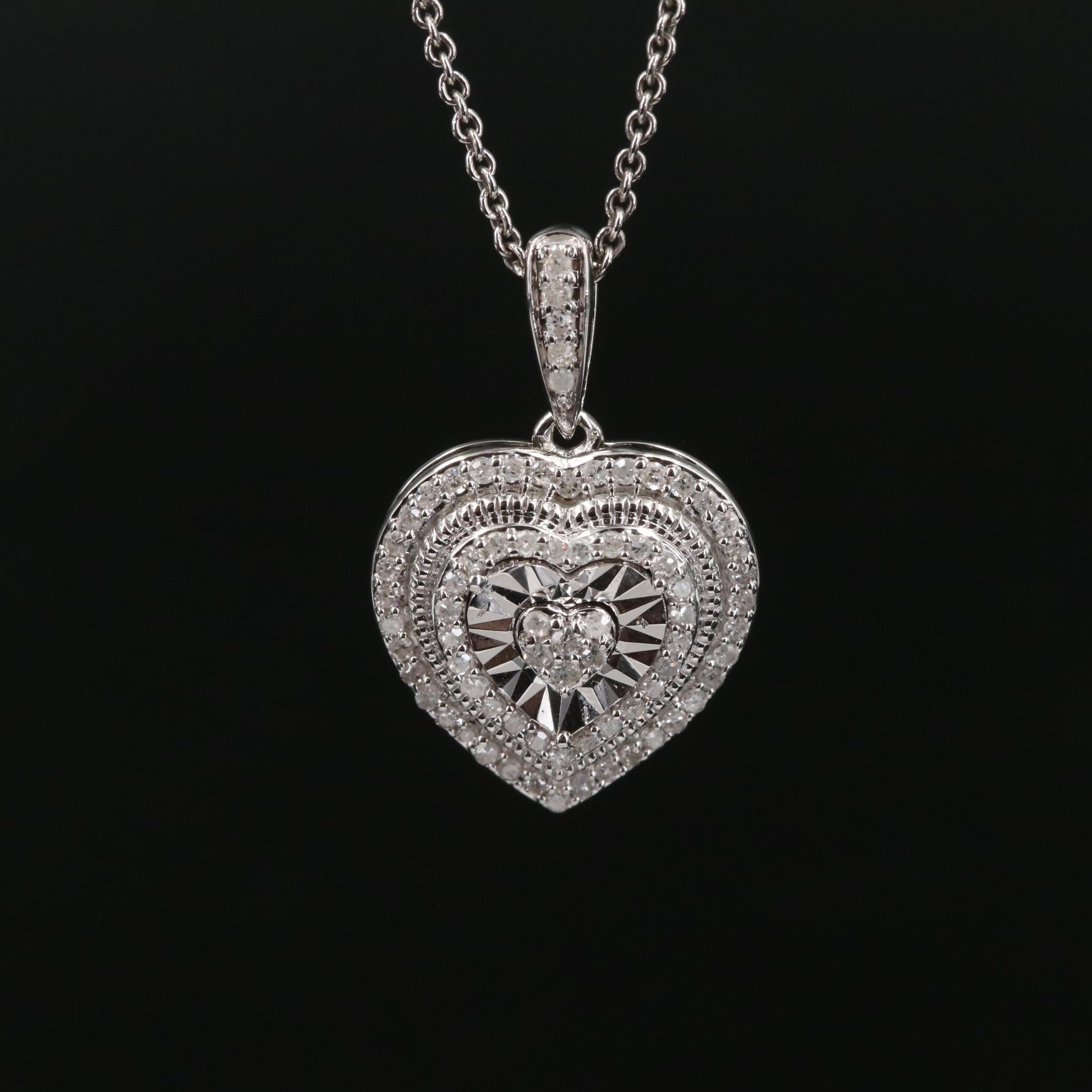 Sterling Diamond Heart Drop Pendant Necklace EBTH