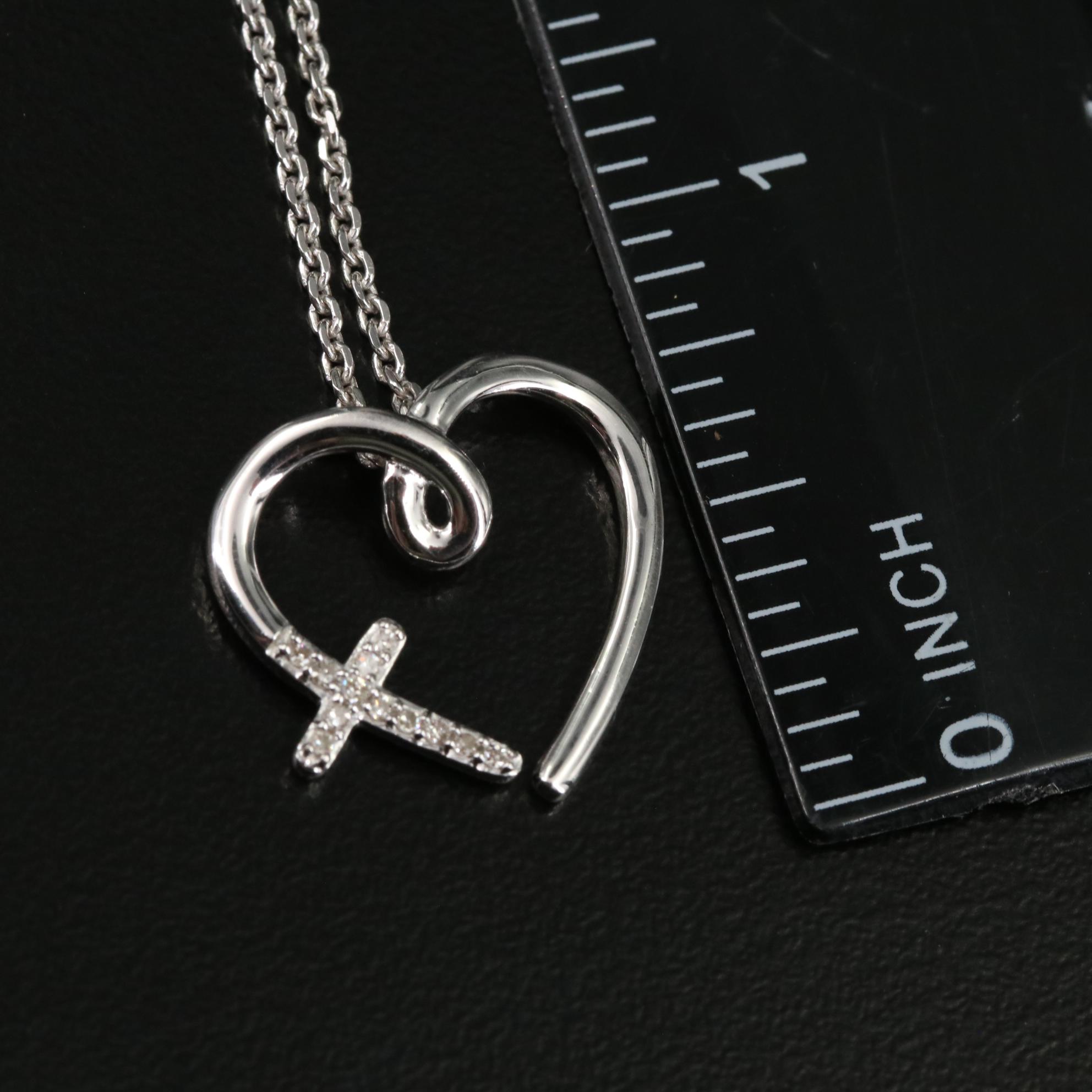 Sterling Diamond Cross Heart Pendant Necklace EBTH
