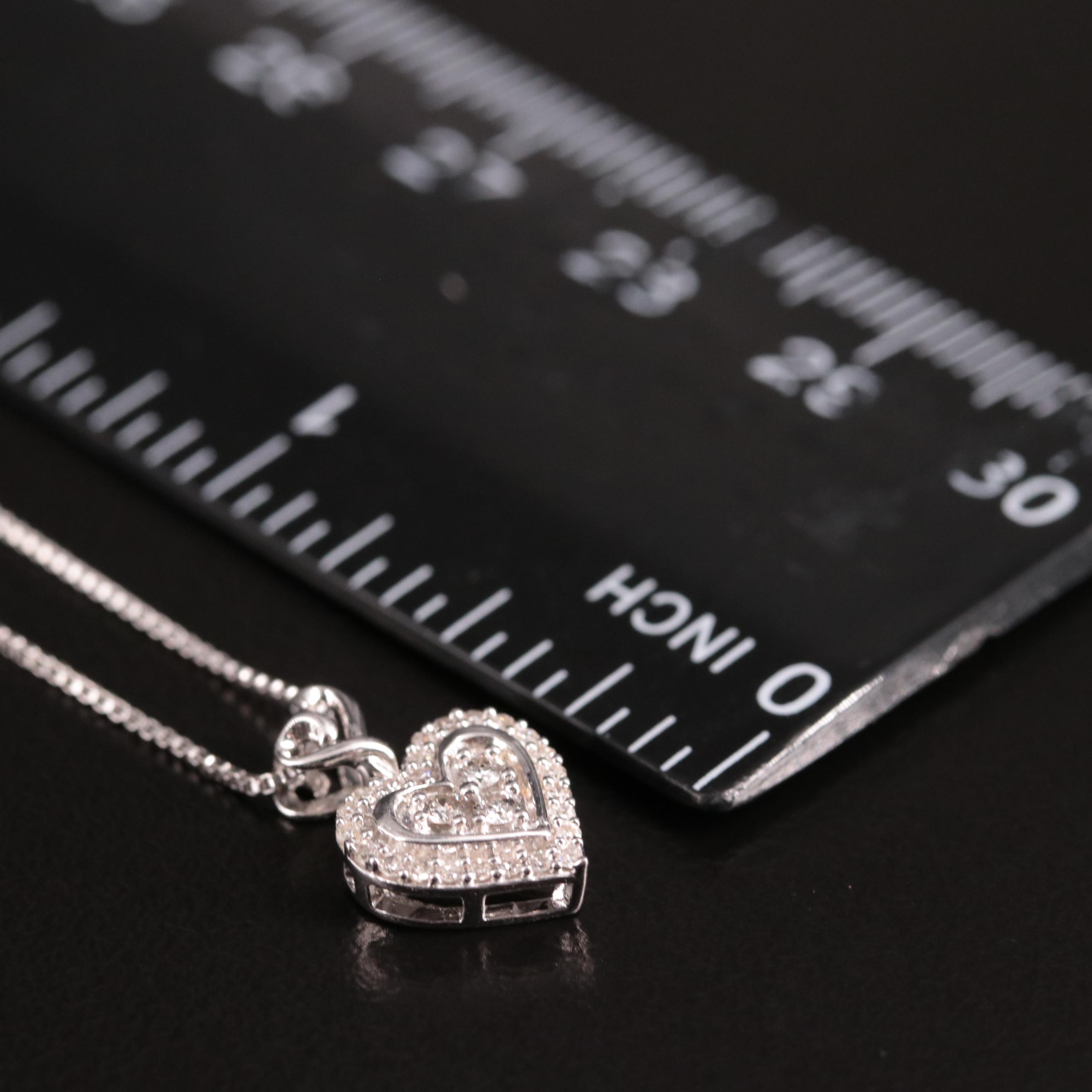 Sterling Pavé Diamond Heart Drop Pendant Necklace EBTH