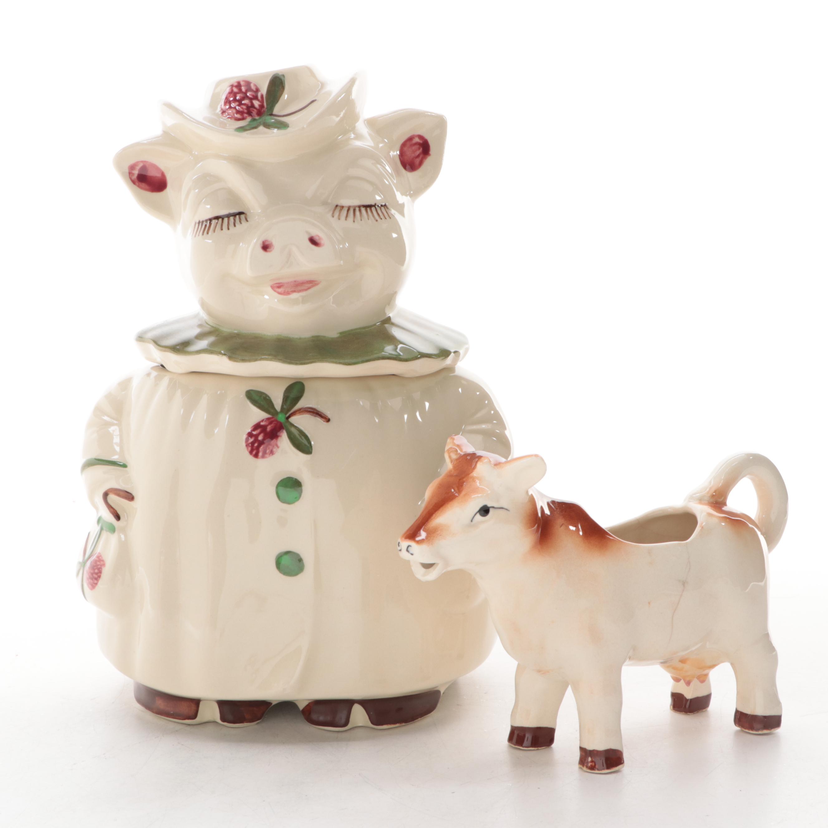 Shawnee "Winnie" Pig Cookie Jar with Green Collar and Cow Gravy Boat EBTH