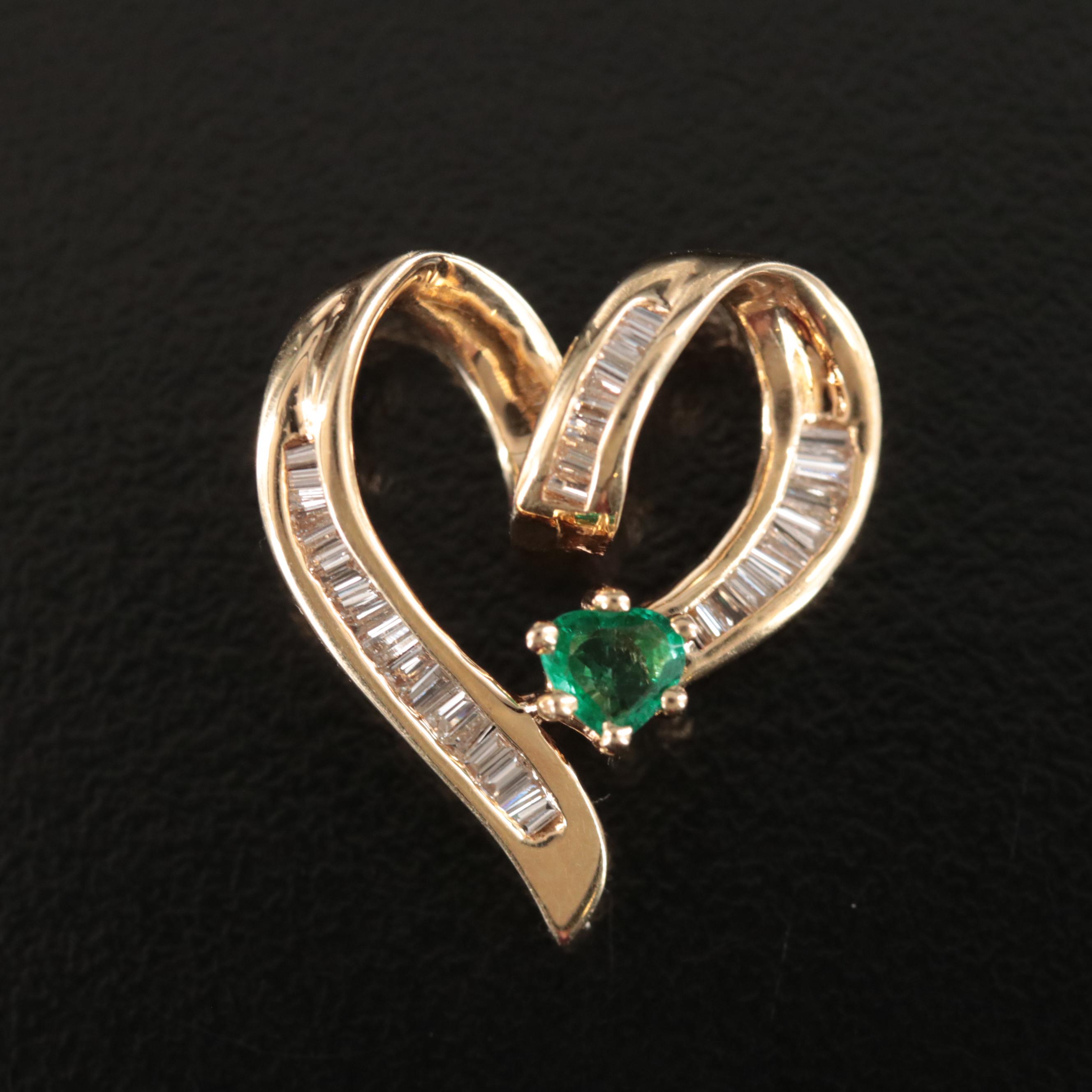 14K Emerald and Diamond Heart Slide Pendant EBTH
