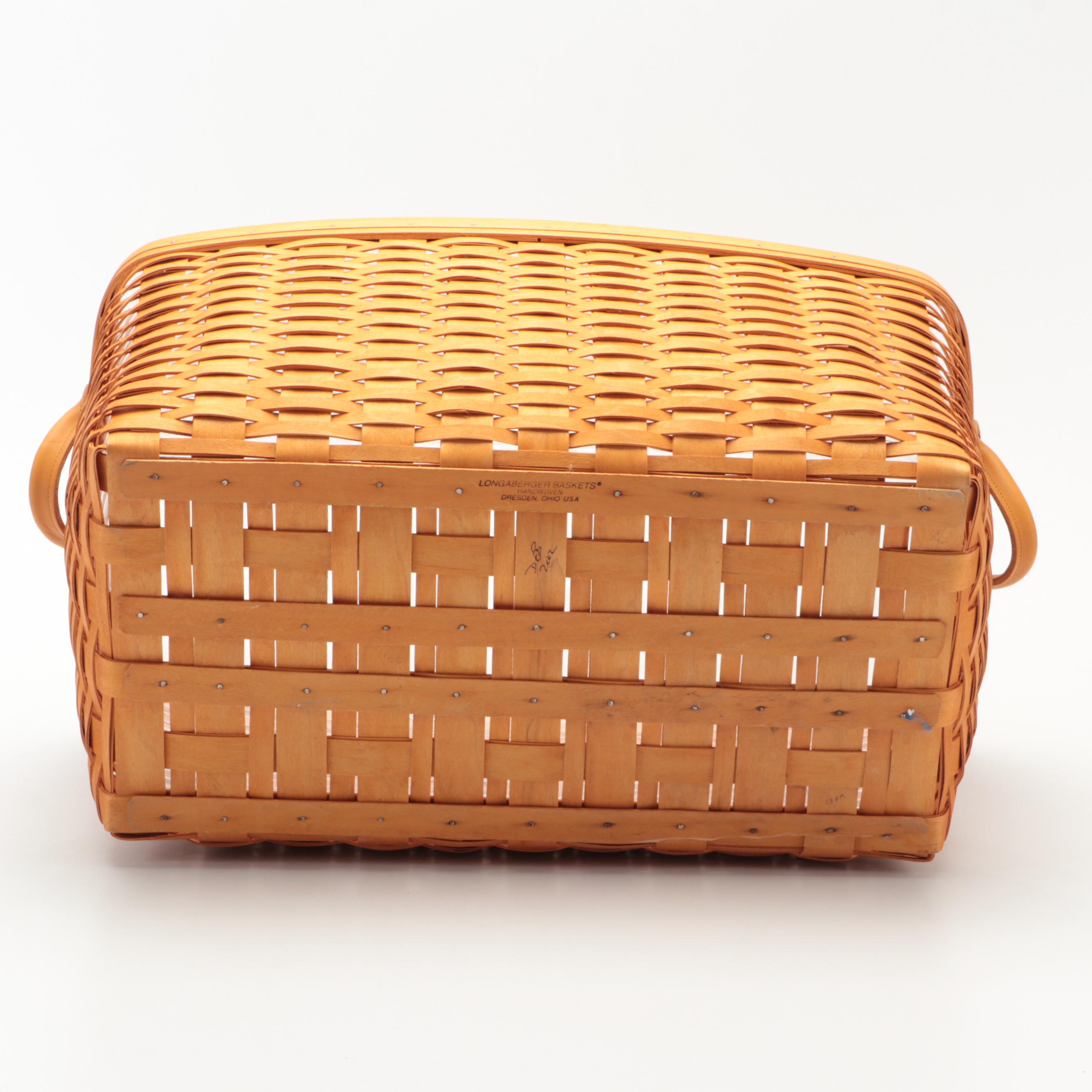 Longaberger Leather Handled Laundry Basket with Liner and Lid EBTH