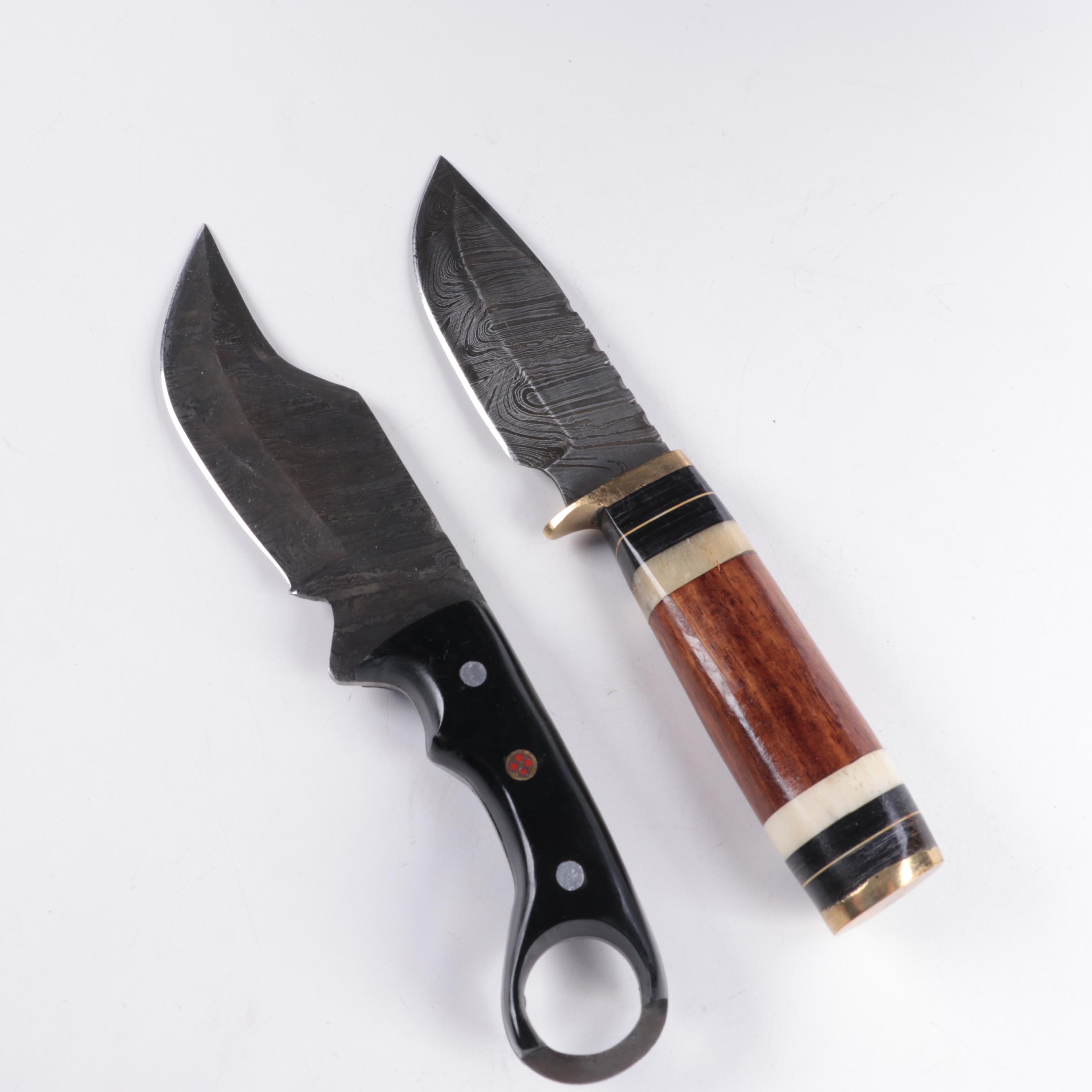 Demascus Steel TriDagger, Pocket and Fixed Blade Knives with Leather