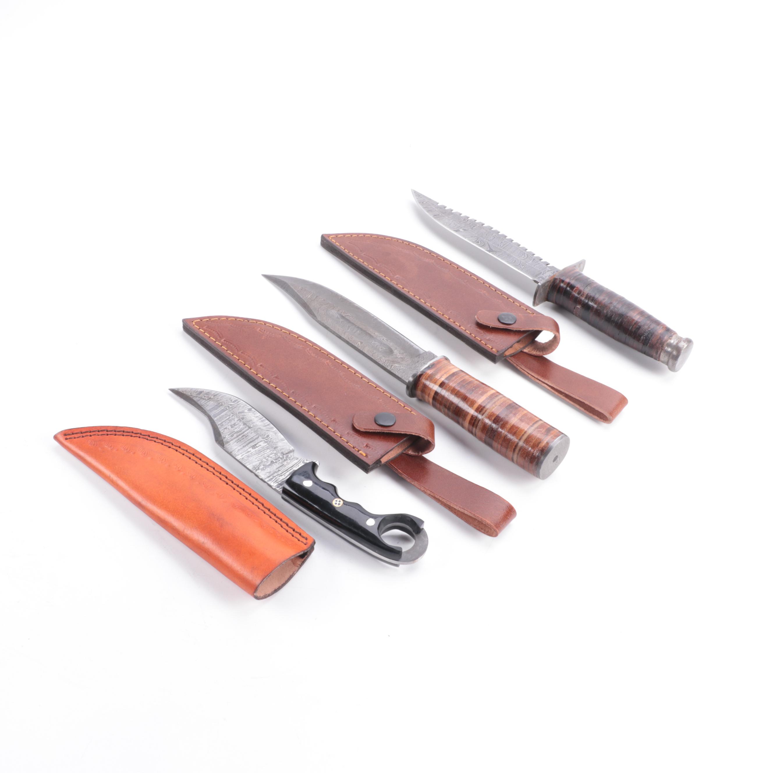 Damascus Steel Fixed Blade Knives with Leather Sheaths EBTH