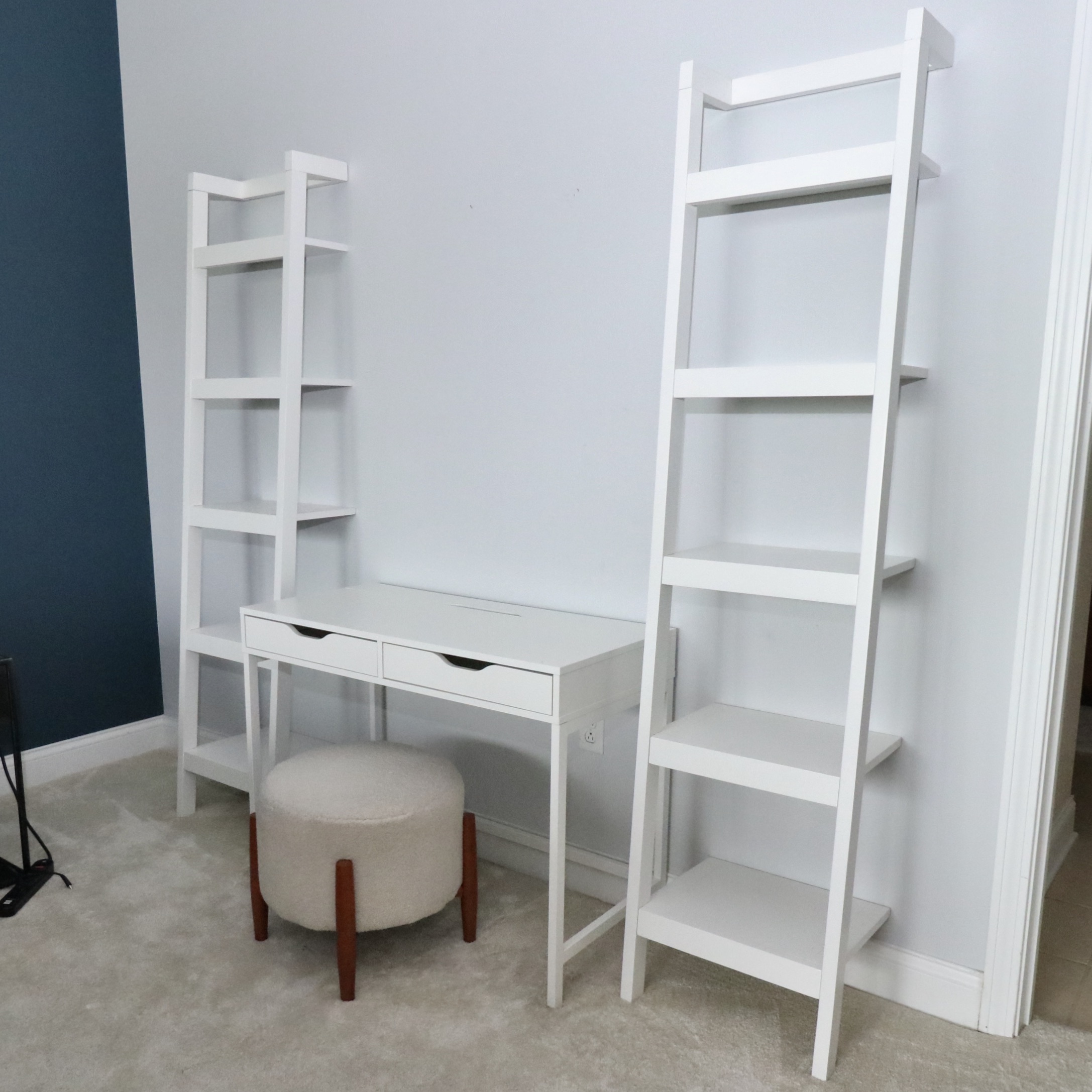 Crate & Barrel "Sawyer" Leaning Bookcases, IKEA Desk and Sherpa "Elroy