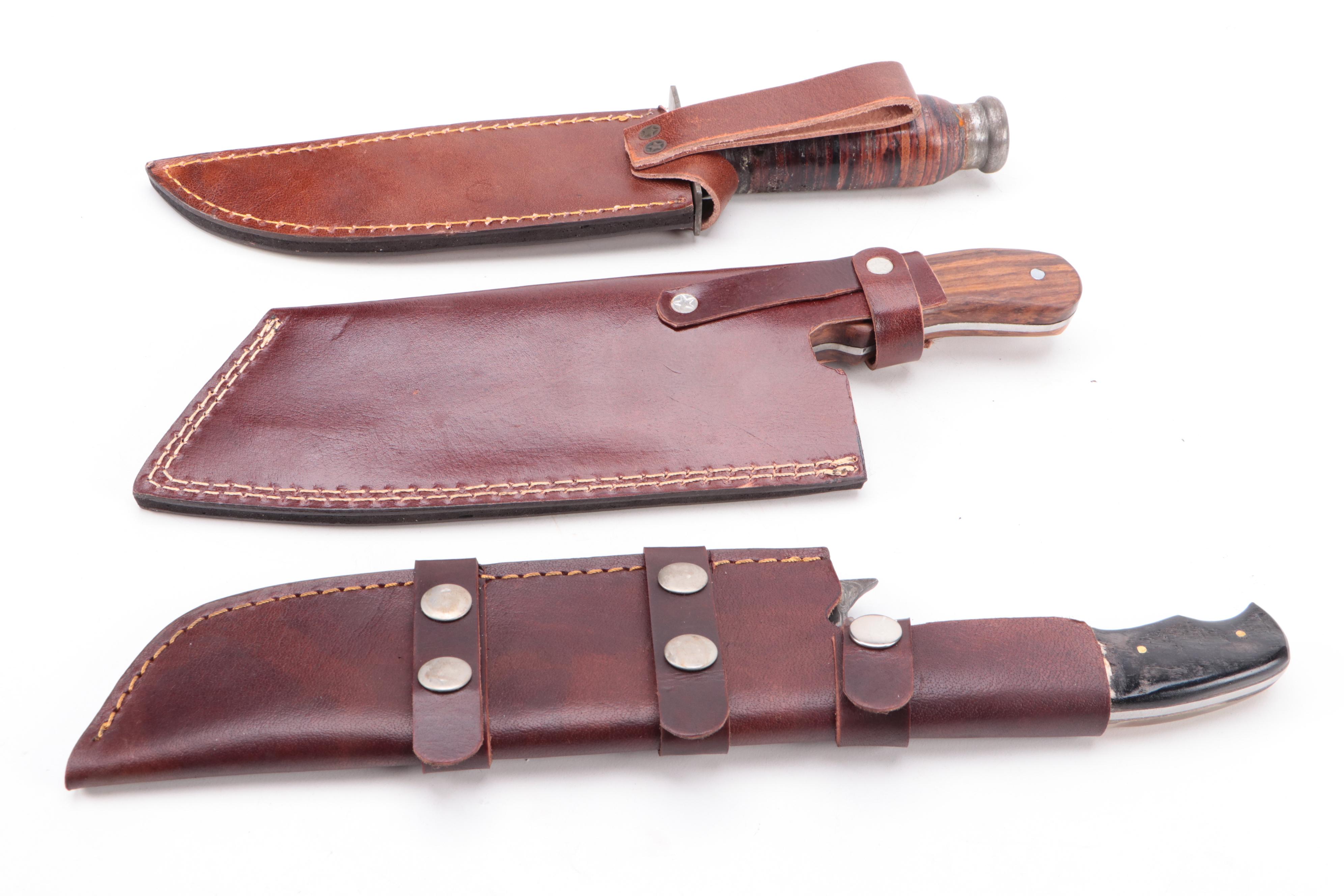 Damascus Steel Cleaver and Fixed Blade Knives with Leather Scabbards EBTH