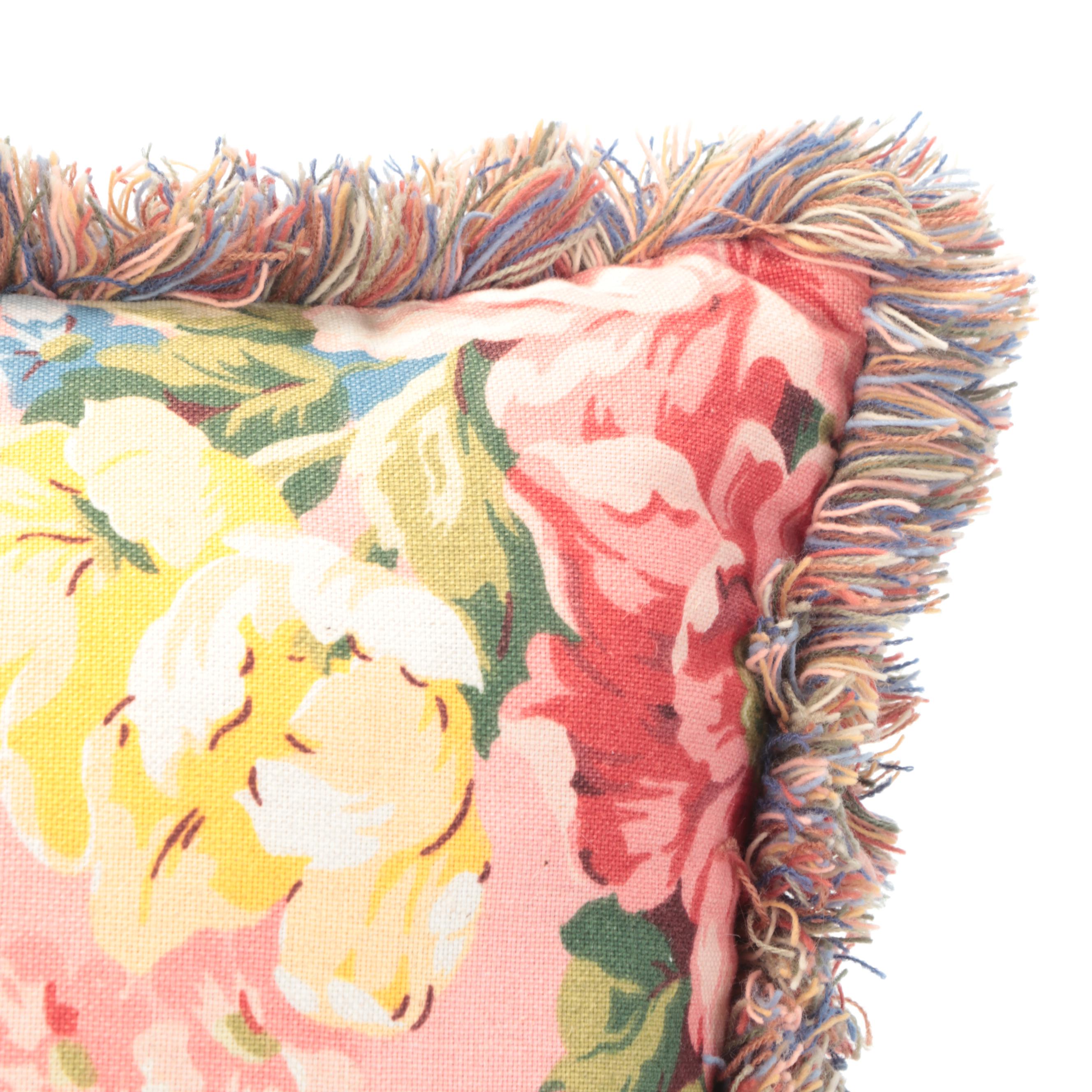 Custom Floral Print Accent Pillows With Brush Fringe Trim, Late 20th