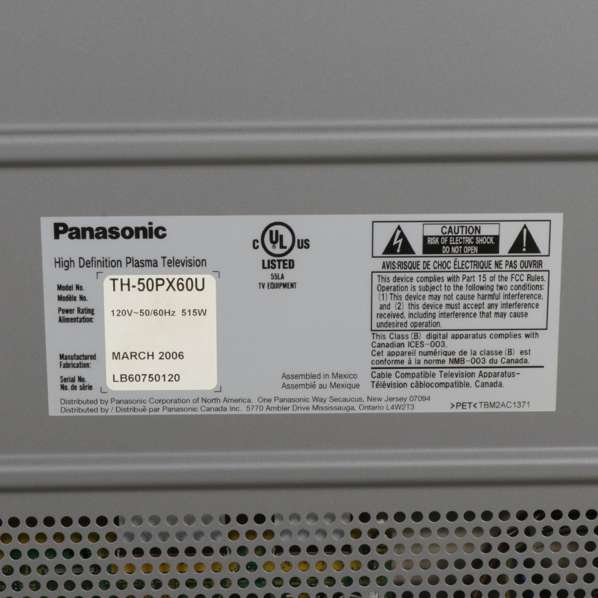 Panasonic 50" TH50PX60U High Definition Plasma TV with Remote, 2006 EBTH