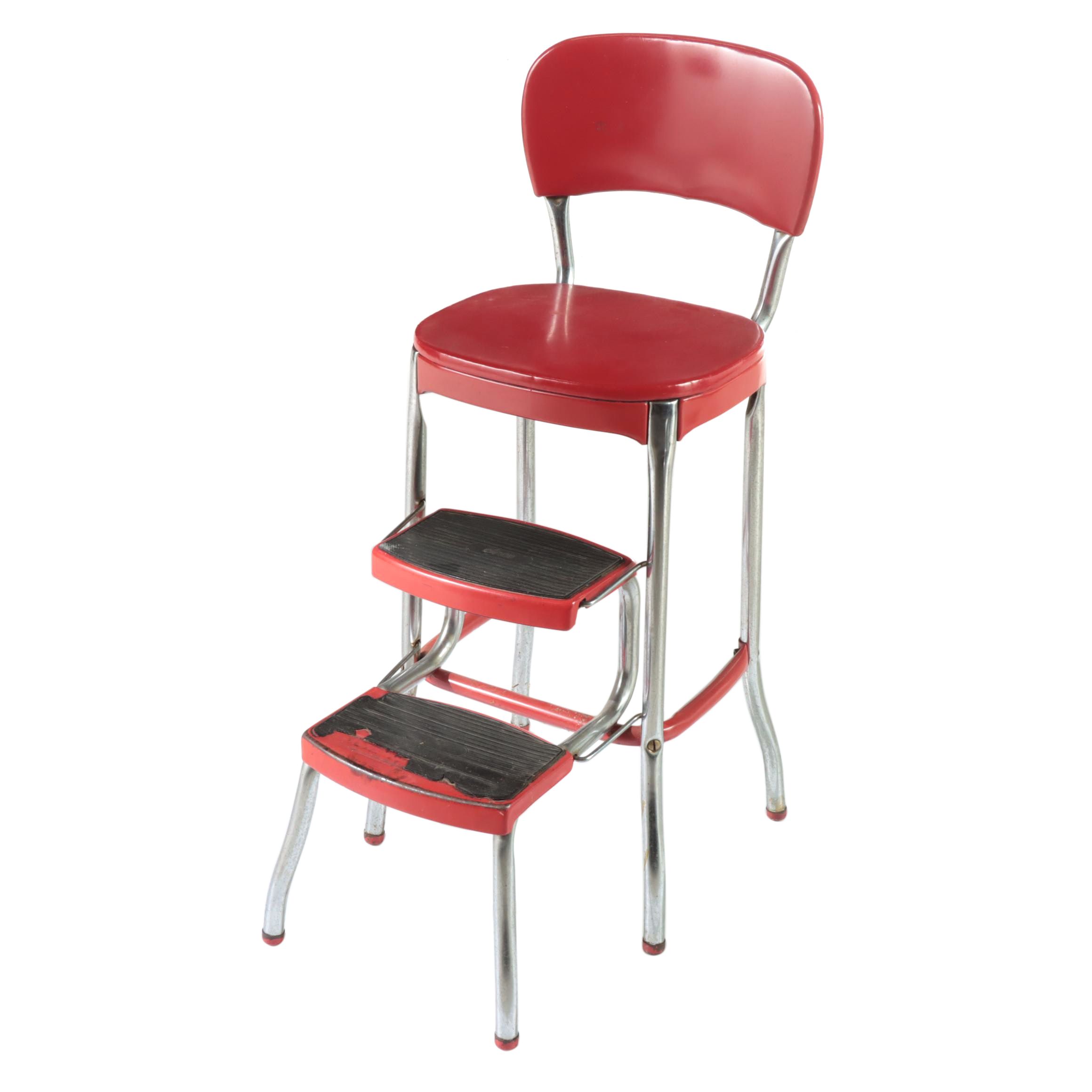 Cosco "Stylaire" Red Vinyl and Chromed Metal Convertible Step Stool