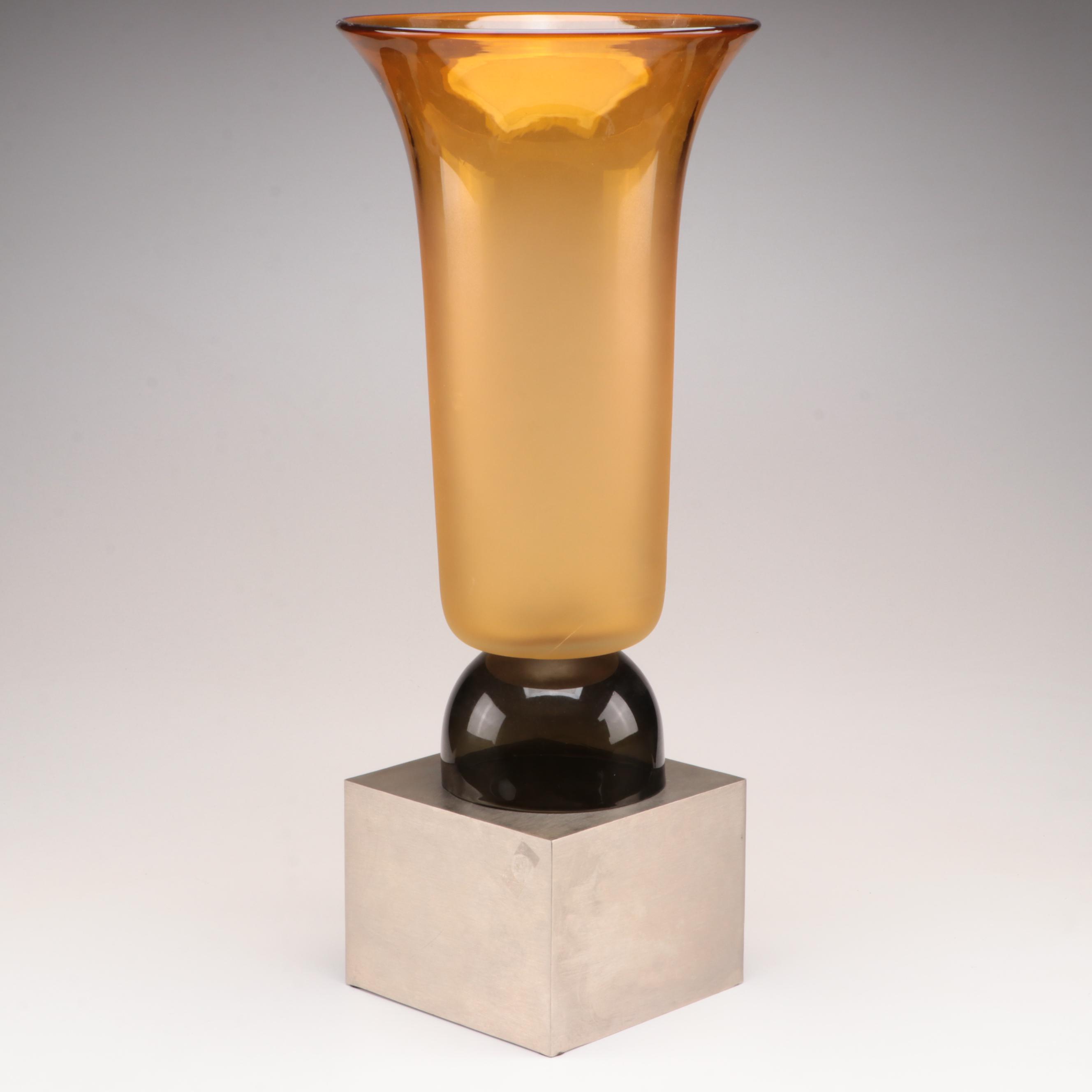 Blown Glass Two Tone Floor Vase with Brushed Metal Stand EBTH