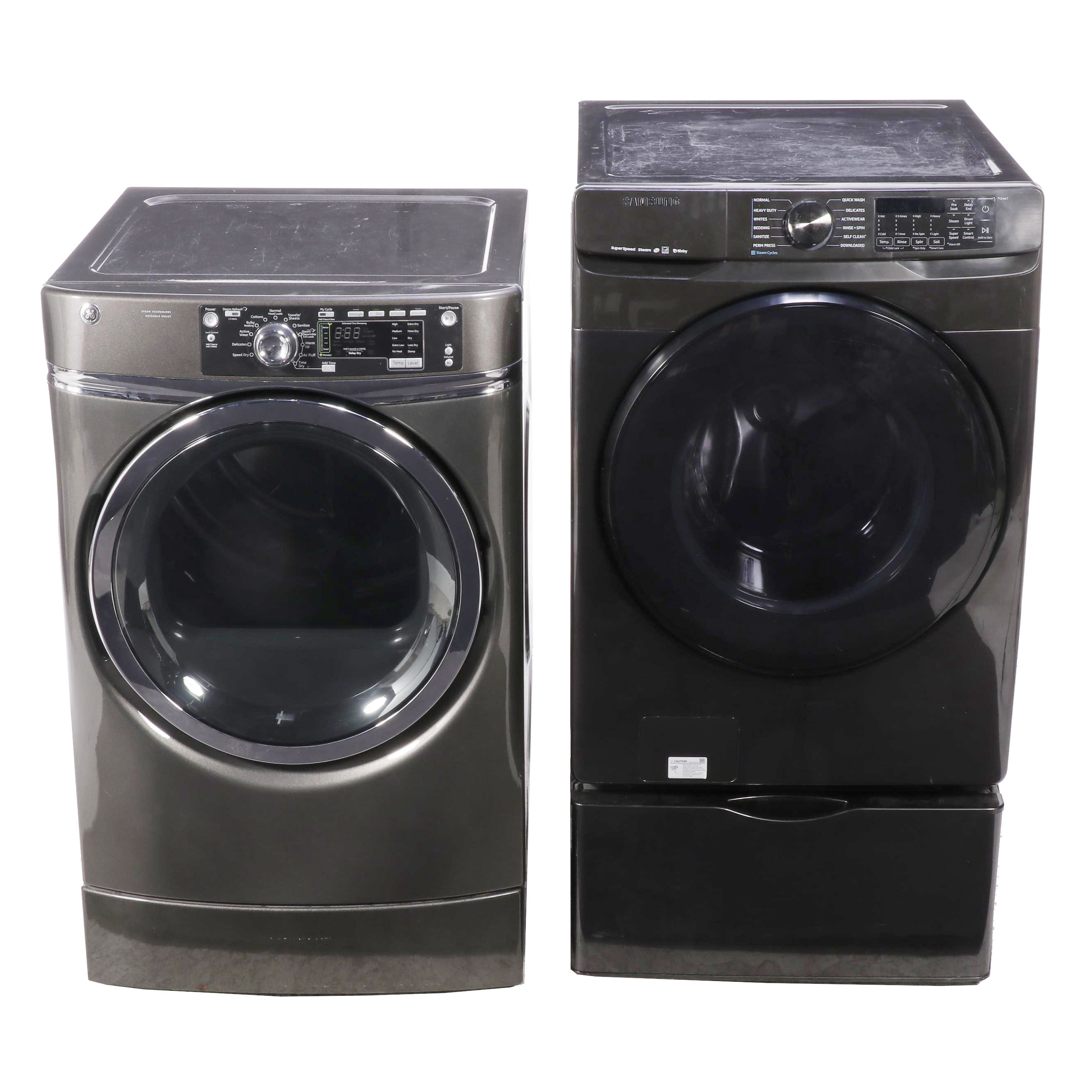 Samsung 5.0 Cu. Ft. Smart Front Load Washer, Pedestal and GE 7.8 Cu. Ft