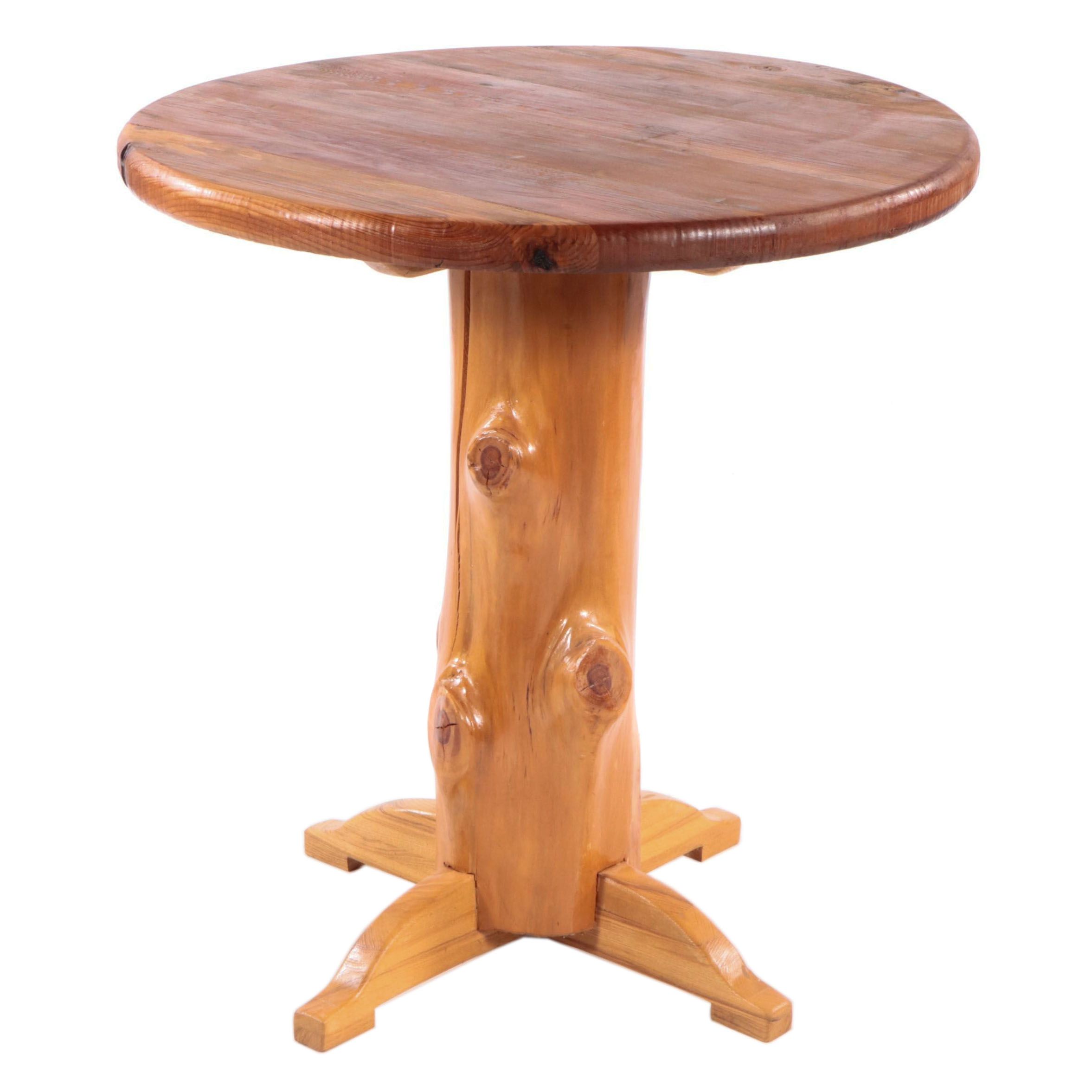 Rustic Wooden Plank Top and Log Base Pedestal Pub Table | EBTH