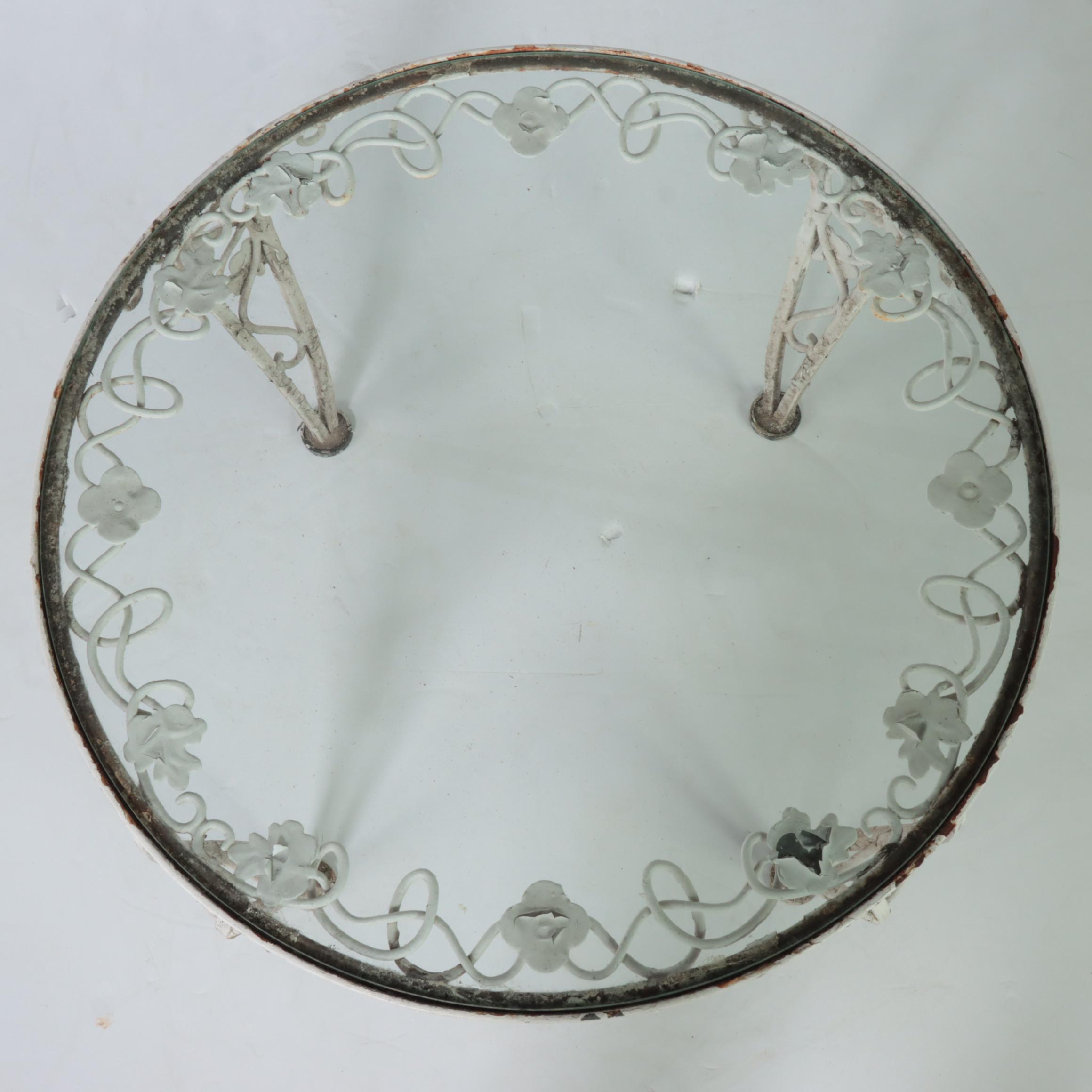 WhitePainted Iron and Glass Top Patio Side Table, Manner of Russell