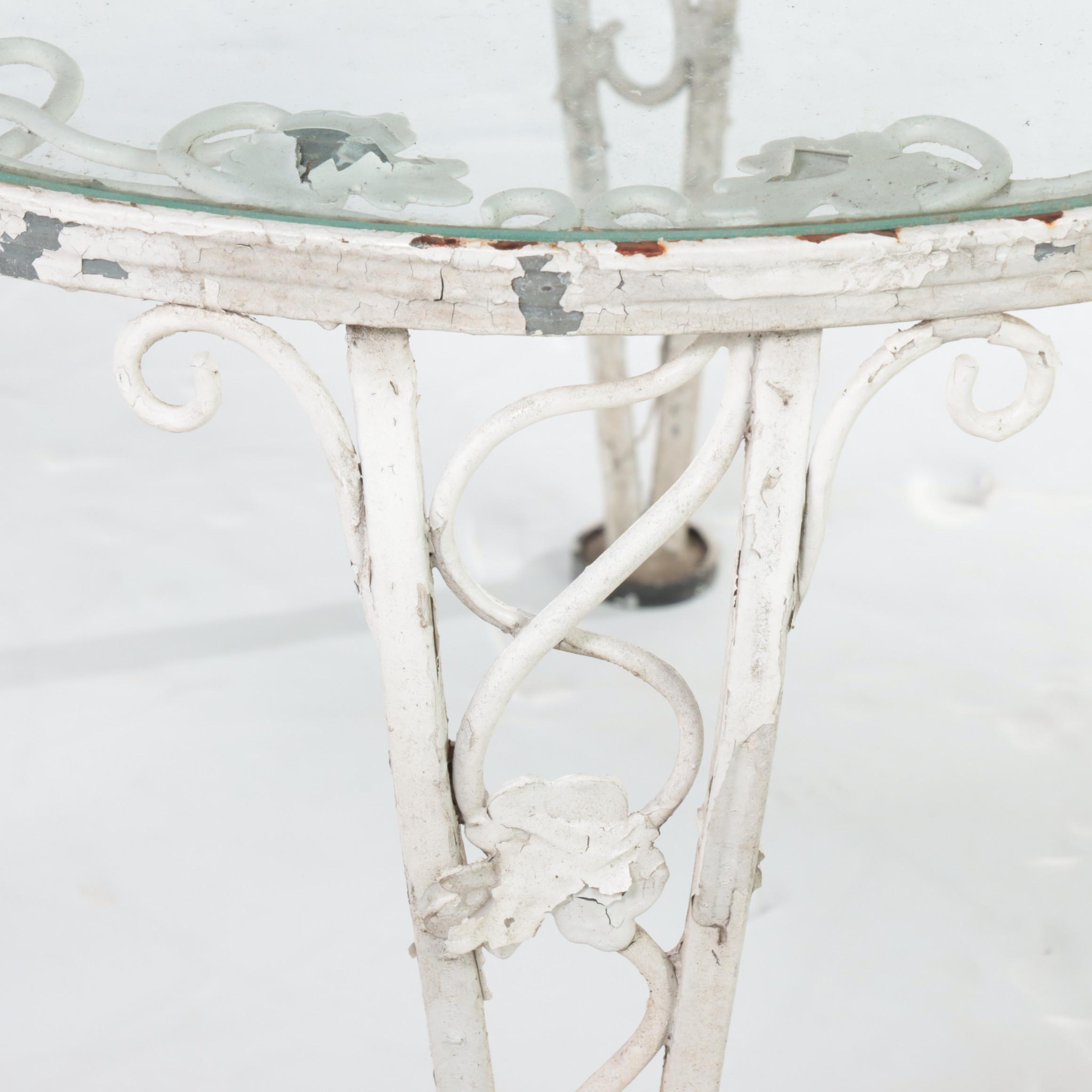 WhitePainted Iron and Glass Top Patio Side Table, Manner of Russell